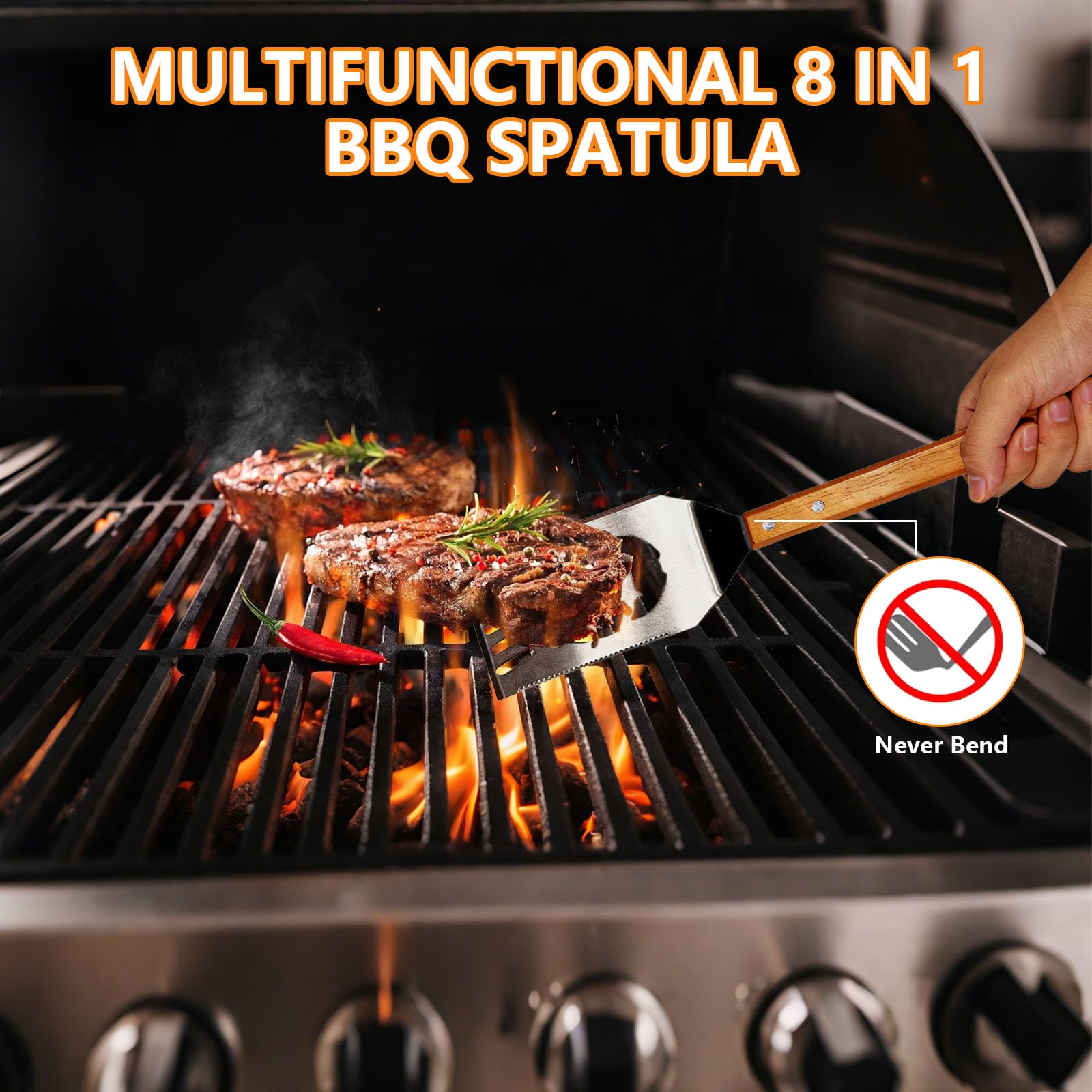 Ensemble d'Ustensiles de Barbecue Extra Longs en Acier INOX avec Poignée en Bois