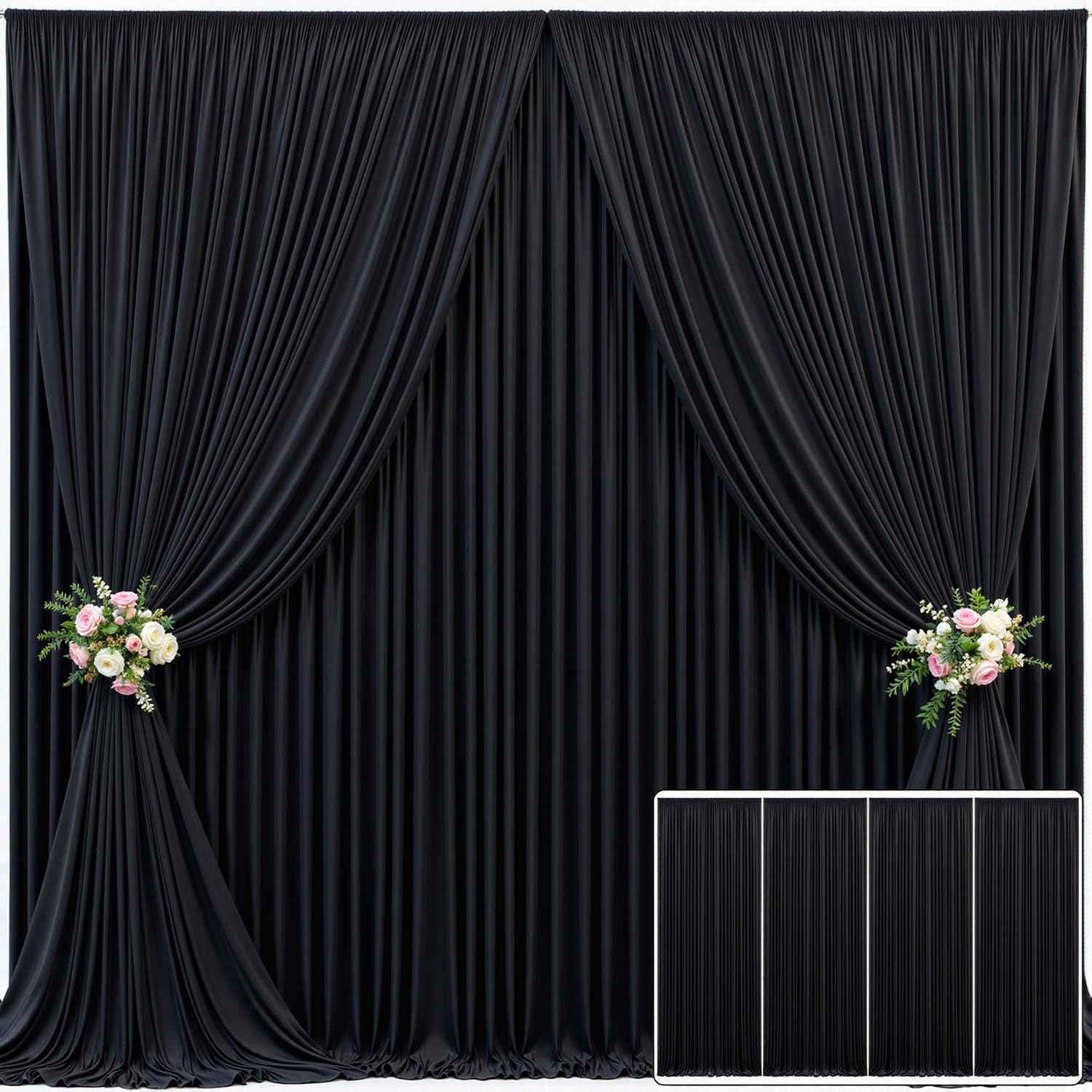 4 Panels Black Backdrop Curtain for Parties Wrinkle Free Black Photo Curtains Backdrop Drapes Fabric Decoration for Birthday Party Wedding 20ft(W) x
