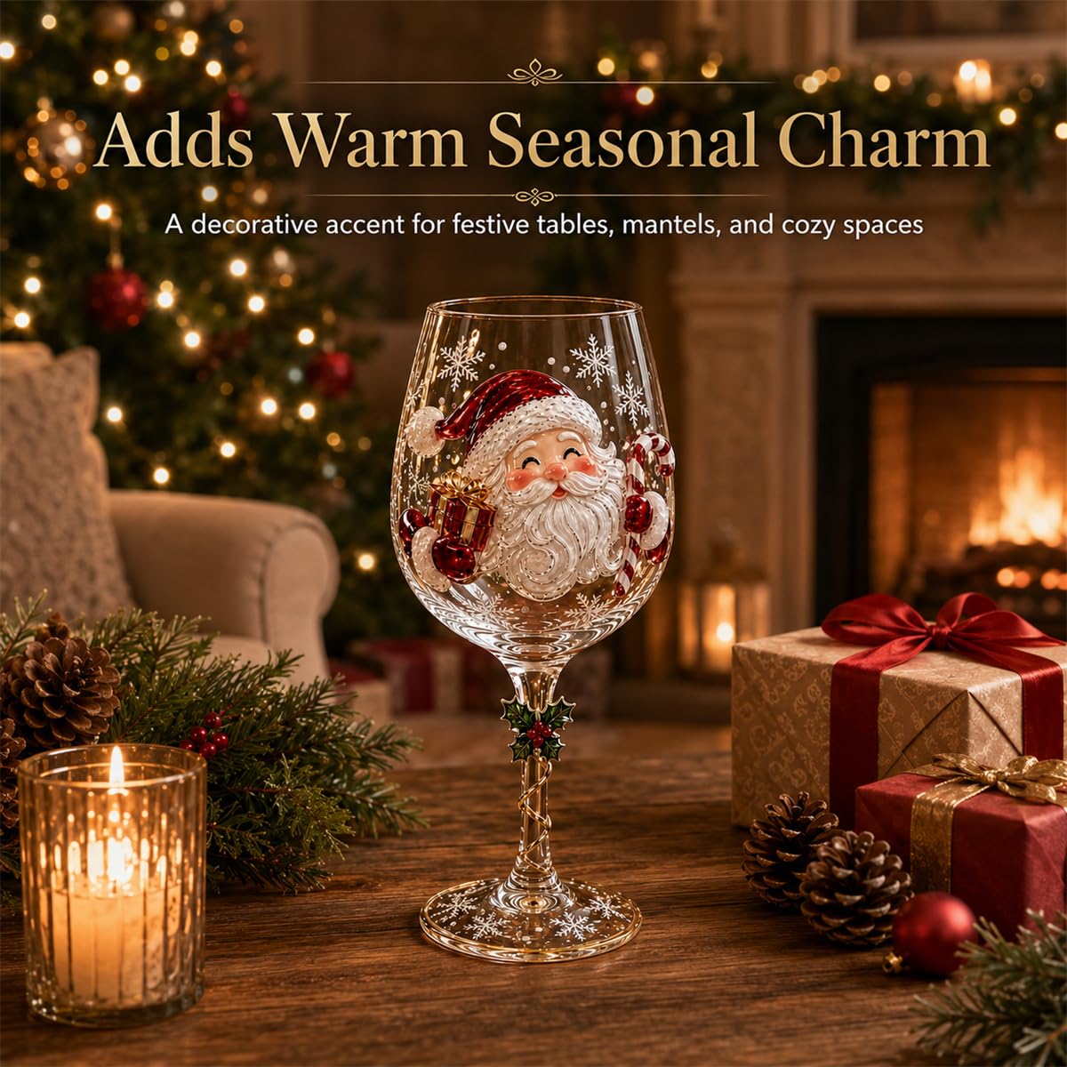 Świąteczne kieliszki do wina 3D Zestaw Świątecznych Stemed Goblets With Santa Snowman Tree Motifs Gold Spiral Trim Na Xmas Dinner Party Gifts Dekoracyjne Barware