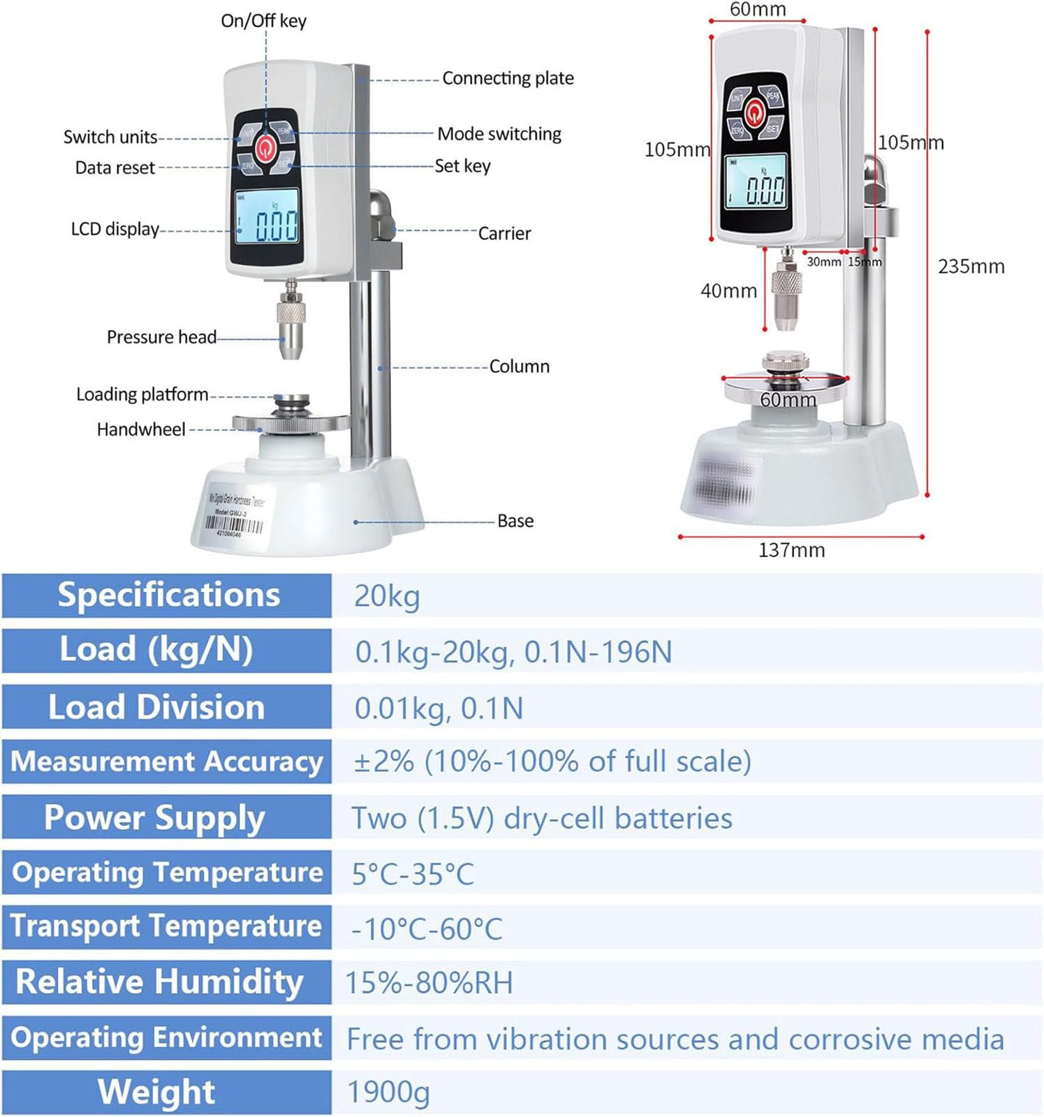 Medidor digital de dureza de grano, mini durómetro para pruebas de germinación de semillas de laboratorio y control de calidad de cereales en centros de pruebas