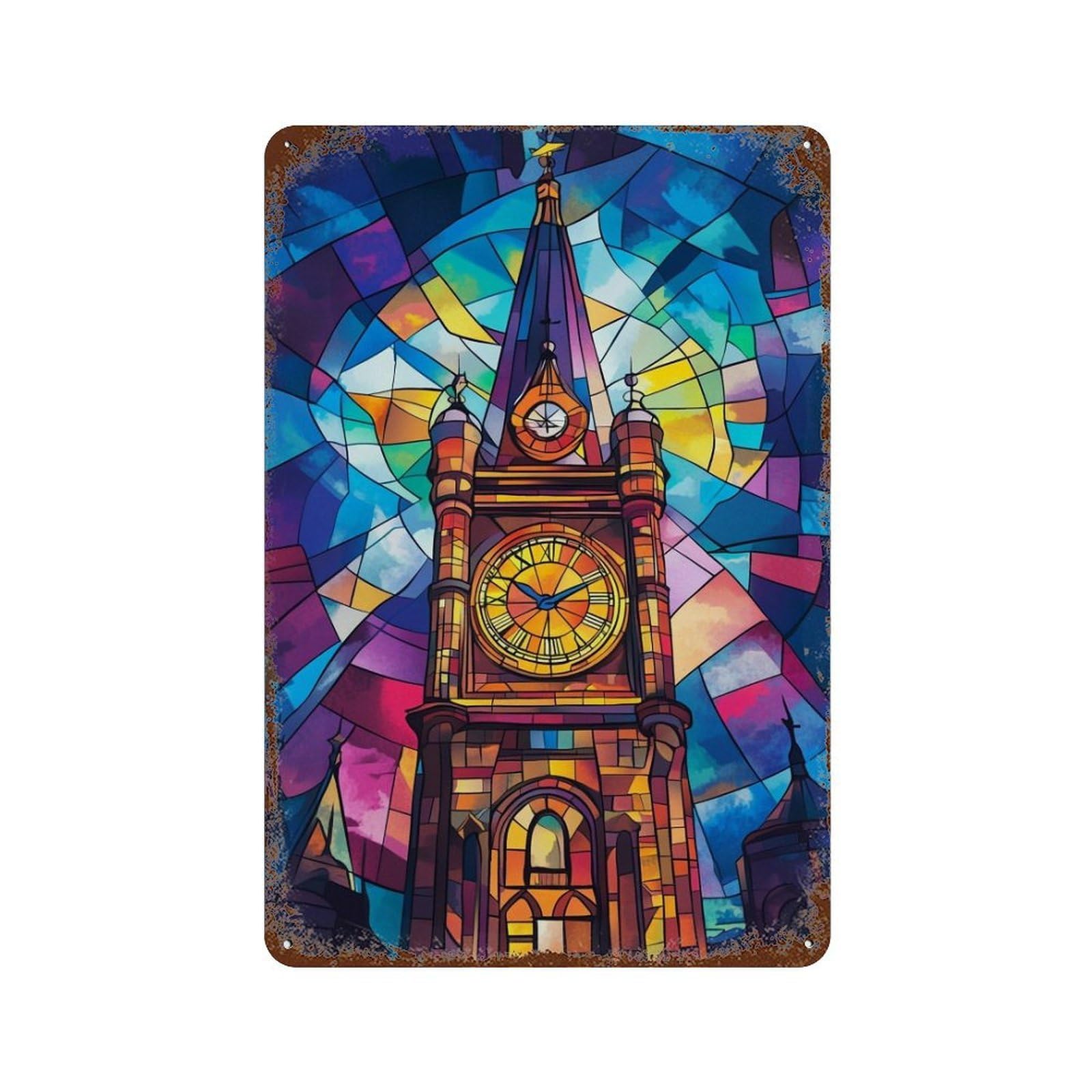 Stained Glass Clock Tower Retro Metal Sign 11.8"x7.9", Vintage Wall Decor for Garage, Pub Or Kitchen