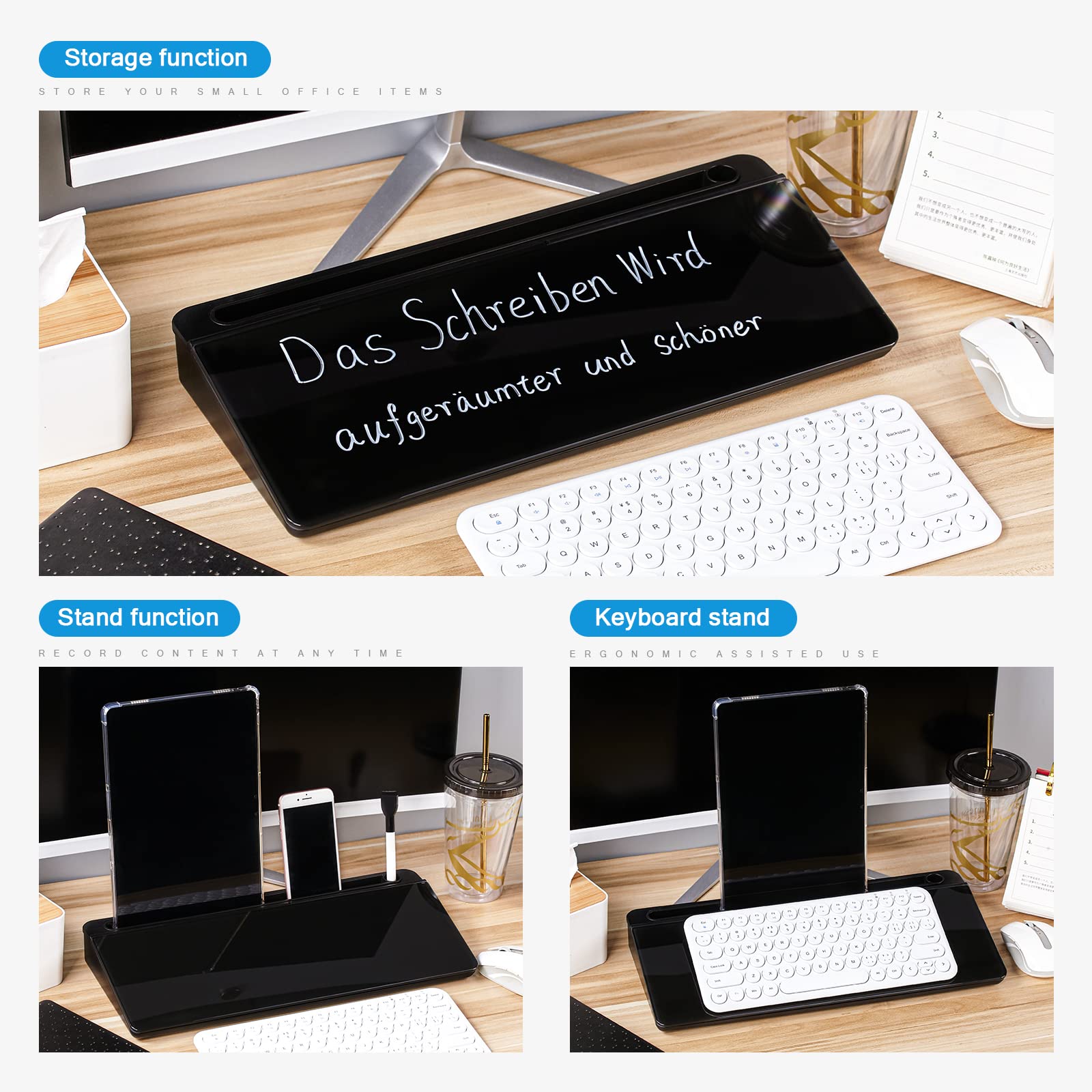 DEWUR Lavagna in Vetro Nero, Lavagna Bianca da Scrivania Con Supporto per Telefono, Tablet e Tastiera - Organizer da Scrivania Con Accessori per Ufficio e Casa