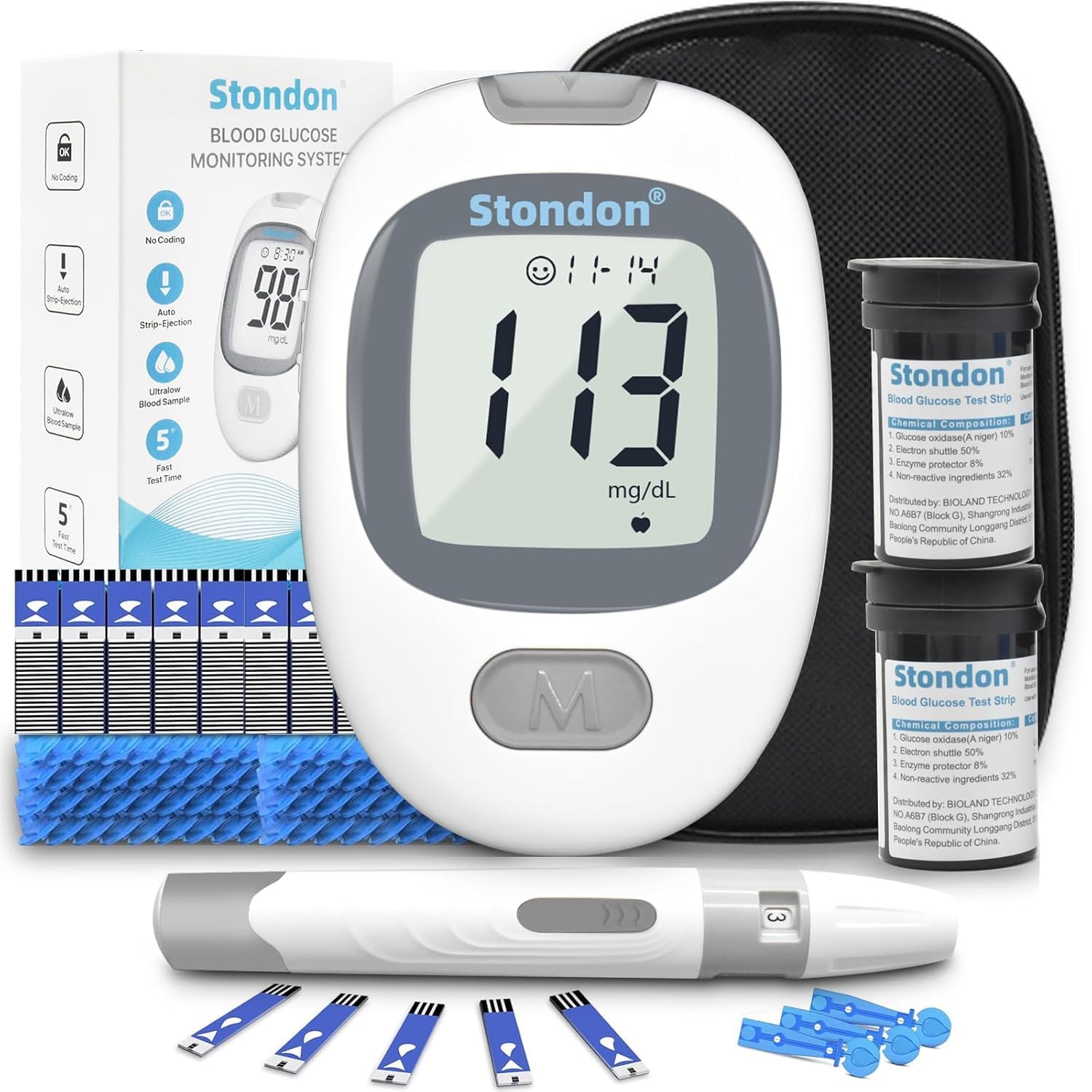 Stondon G430 Blood Glucose Monitor Kit,Blood Sugar Testing kit,Diabetes Testing Kit, Blood Glucose Meter, 100 Glucometer Strips, 100 Lancets, Test Strips Blood Sugar Meter Glucometer,HCT for Home Use