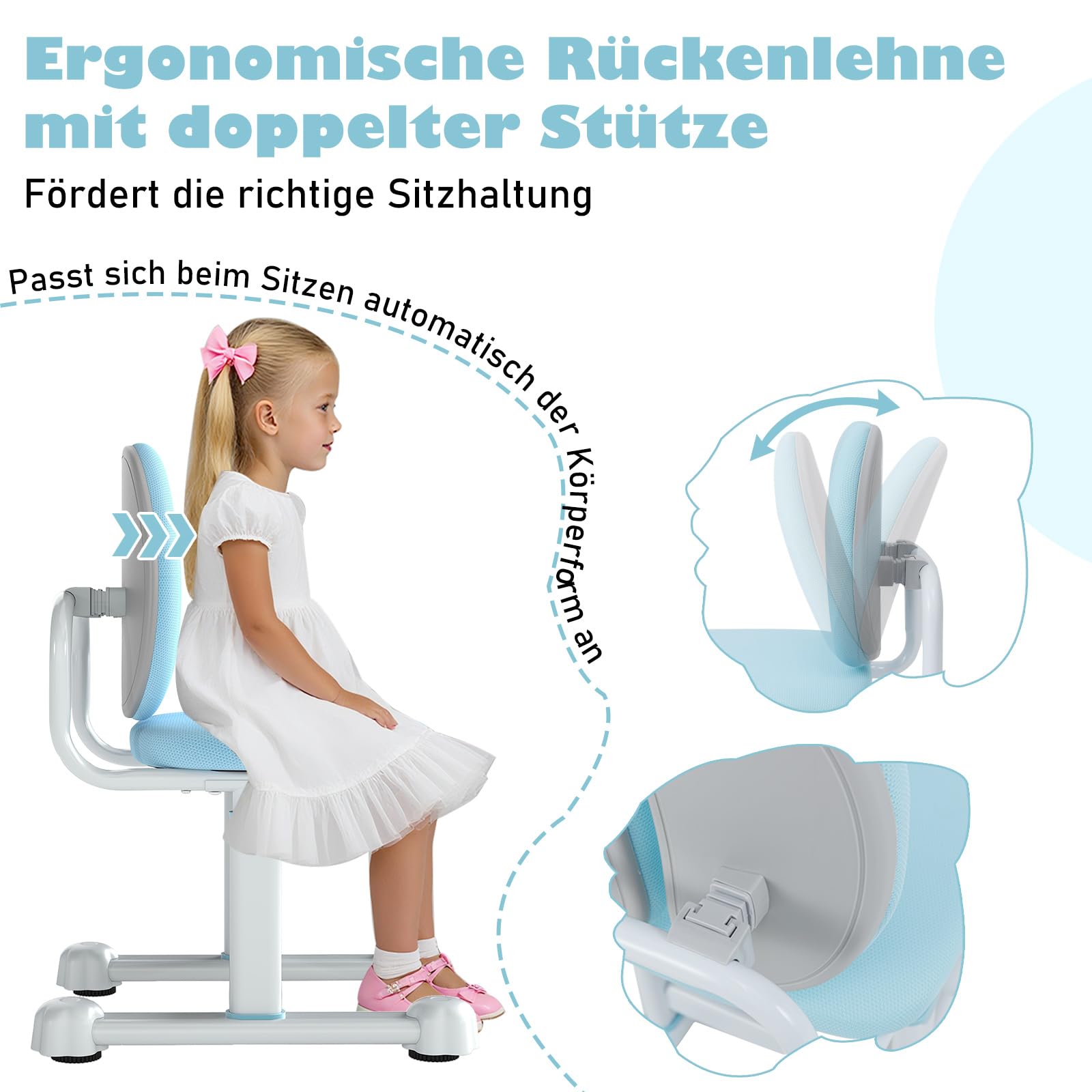 COSTWAY krzesło biurowe dla dzieci, wysokość siedziska regulowana 35-43 cm, krzesło biurowe dla dzieci z podwójnym oparciem, krzesło biurowe bez podłokietników i kółek, krzesło dla dzieci dla chłopców