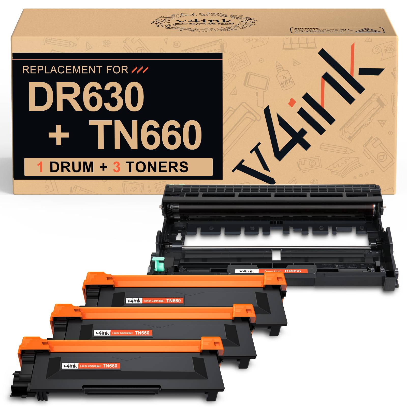 v4ink DR630 TN660 Compatible for Brother DR-630 Drum TN-660 Toner Set