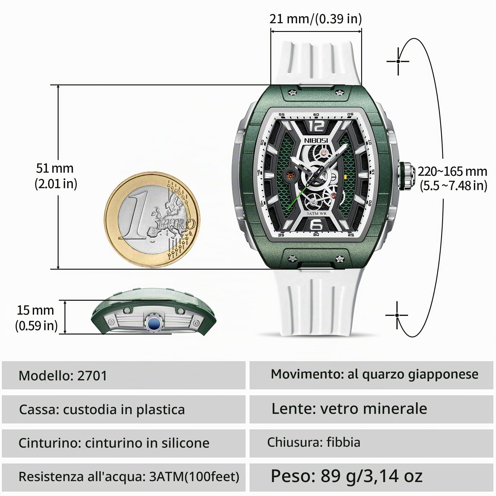 NIBOSI Orologio da polso da uomo quadrato impermeabile digitale analogico al quarzo da lavoro casual in silicone
