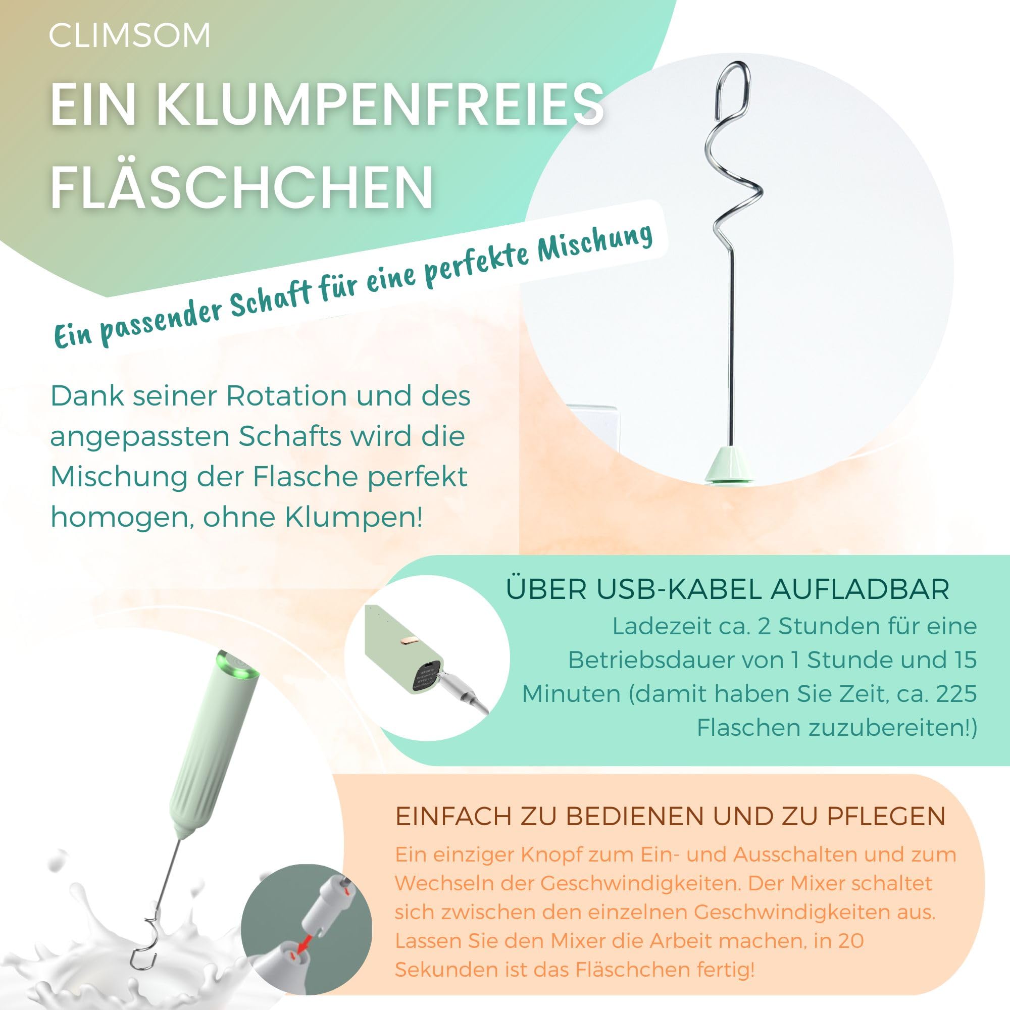 Climsom Baby-Flaschenmischer, wiederaufladbar, 3 Geschwindigkeitsstufen, homogenes Mischen, ohne Klumpen, leicht zu reinigen, für jede Art von Milch
