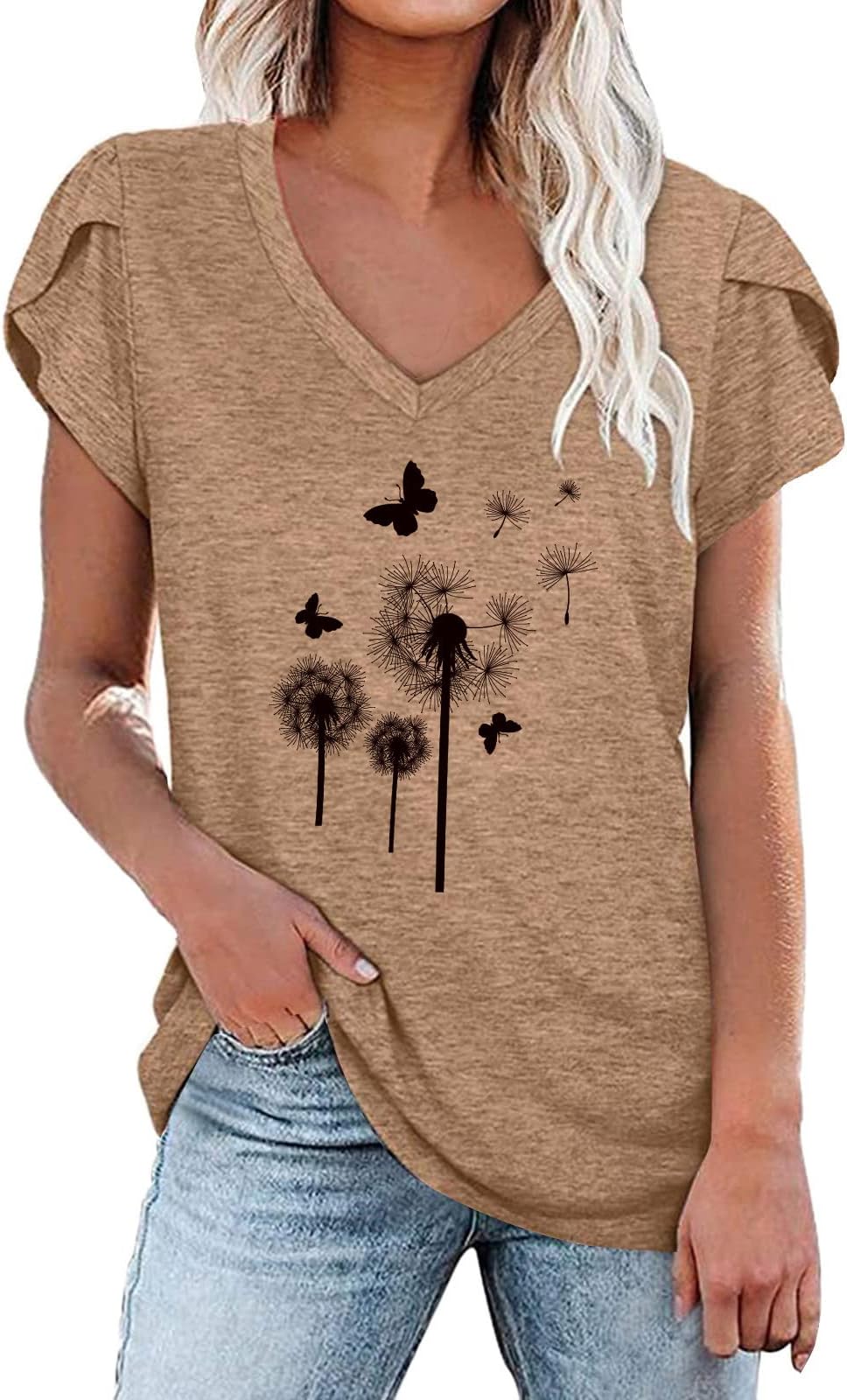 Blouses for Women Women's Petal Sleeve Shirt Floral Tops Elegant Blouses for Women V Neck Shirts Plus Size Tops