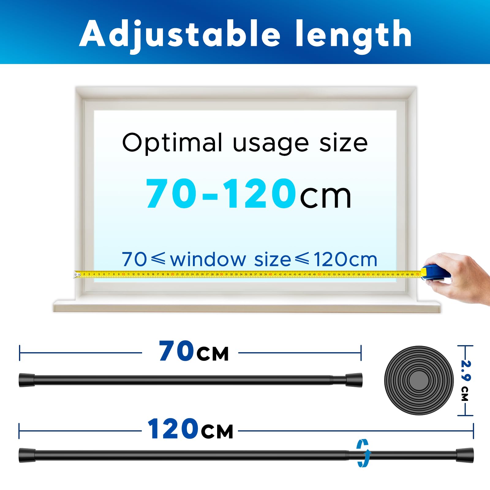 BSYXLSX 2Pcs Black Extendable Curtain Poles,70-120cm(27-47in)(Φ22MM) Tension Rods for Curtains for Windows Wardrobes - Image 2