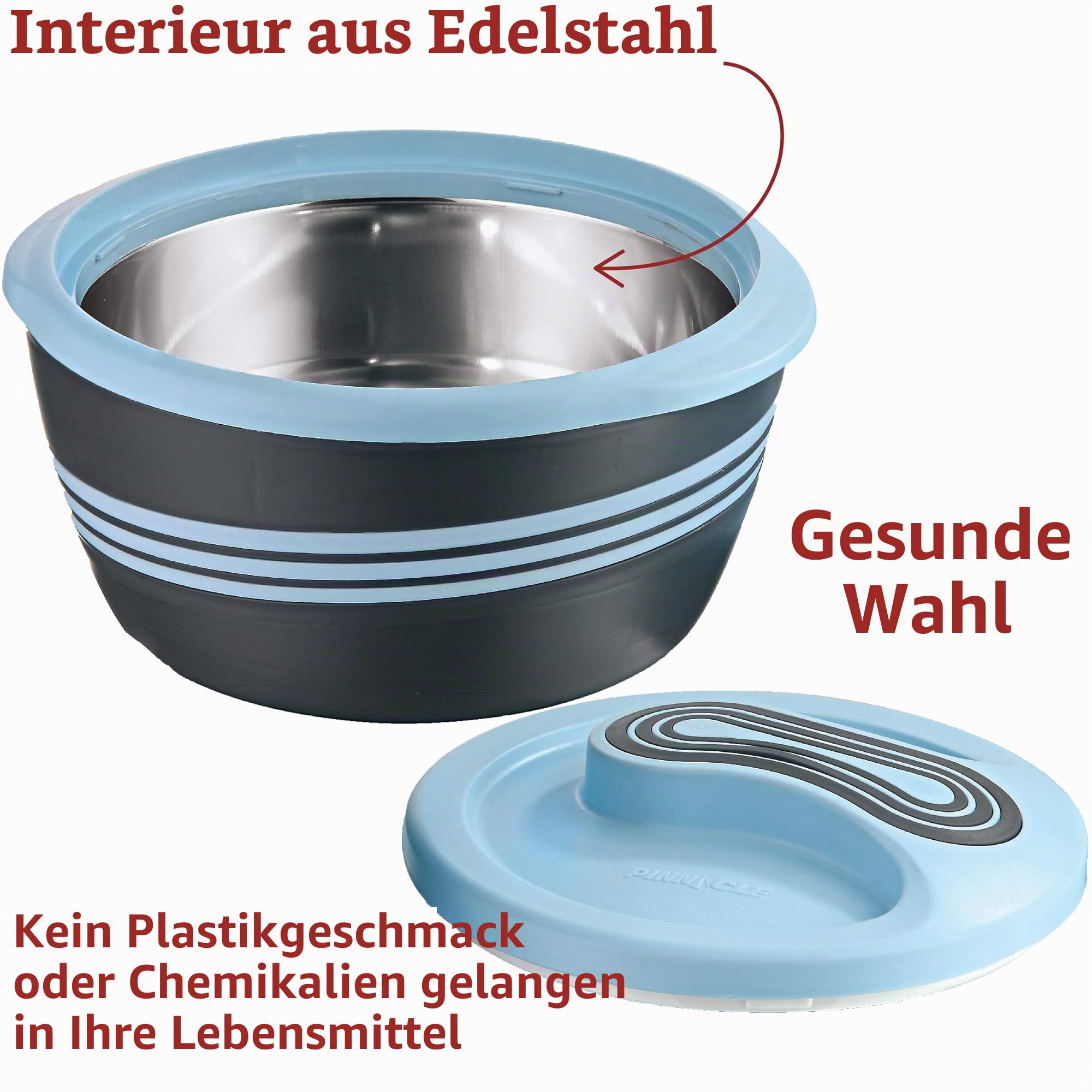 Pinnacle Thermoschüssel mit Deckel 3tlg. Set 2,5 l /1,4 l /0,95 l - Edelstahl - Warmhaltbehälter Essen, Salatschüssel - für Heiße Speisen - Blau