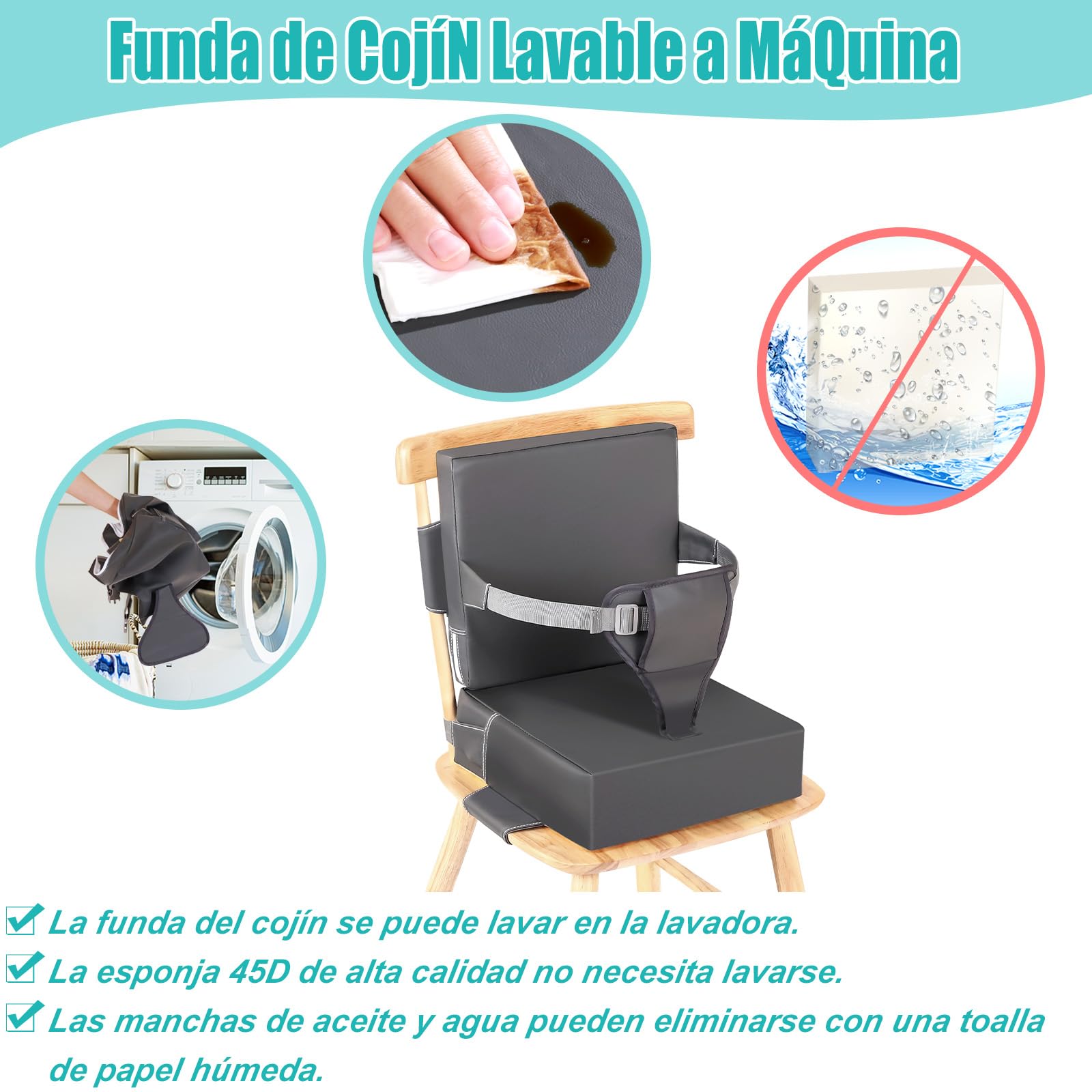 Rehausseur Chaise Enfant PU Lavable Portabilité Rehausseur Chaise Bebe Avec Dossier Ceintures de Sécurité 3 Points Antidérapant Chaise Nomade Bebe pour à La Maison Partir(Gris)