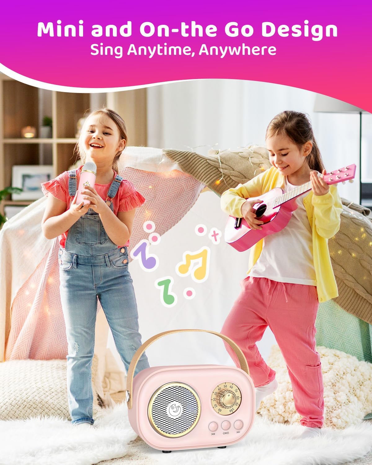 Mini Karaoke Machine with 2 Wireless Microphones,Portable Bluetooth Karaoke Machine for Kids Toys Gifts Boys Girls 3 4 5 6 7 8 9 10 11 12+ Years Old Home Party Birthday Karaoke Fun Set (Pink)