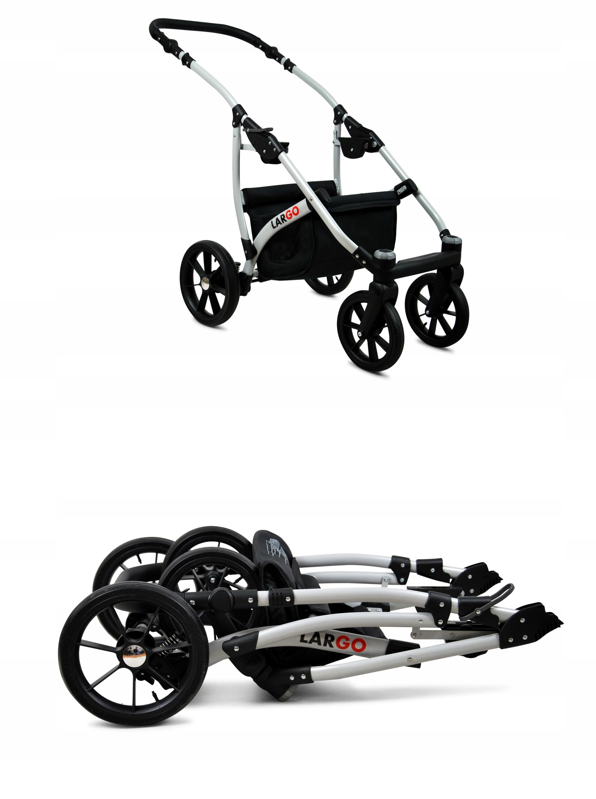 BabyLux® Zestaw wózków dziecięcych 3 w 1 – Largo – w zestawie wanienka dla niemowląt, fotelik sportowy, fotelik samochodowy – zestaw wózków dziecięcych z torbą do przewijania, osłoną przeciwdeszczową