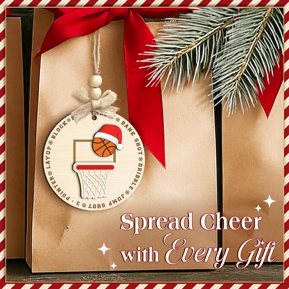 Basketball Xmas Ornament, 2 Layer Wood - Sports Ornament for Christmas Tree - Santa Basketball Gift for Boys, Girls, Players, Leaders, Coaches & Basketball Lovers, Holiday Decor - Image 6