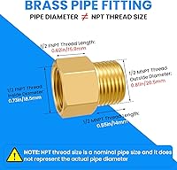 Vista 2 de SDTC Tech Juego de 2 adaptadores de tubería de latón 1/2 NPT rosca macho a 1/2 NPT rosca hembra reductor, conectores de extensión de tubería de latón