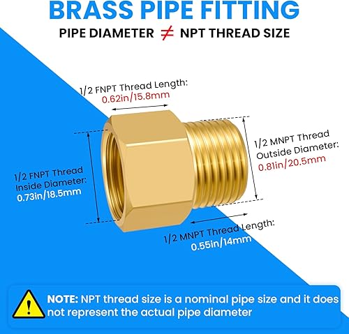 Miniatura 2 de SDTC Tech Juego de 2 adaptadores de tubería de latón 1/2 NPT rosca macho a 1/2 NPT rosca hembra reductor, conectores de extensión de tubería de latón