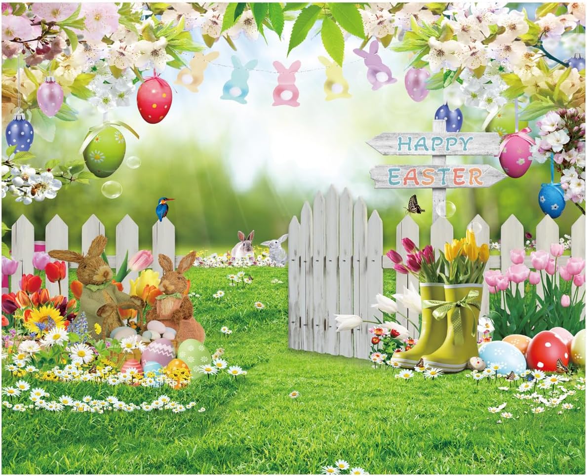 10X8FT Spring Easter Garden Photography Backdrop Easter Backdrops for Photography Green Grass Lawn Pink Floral Fence Background Baby Children Birthday Party Decorations Banner DH-1104