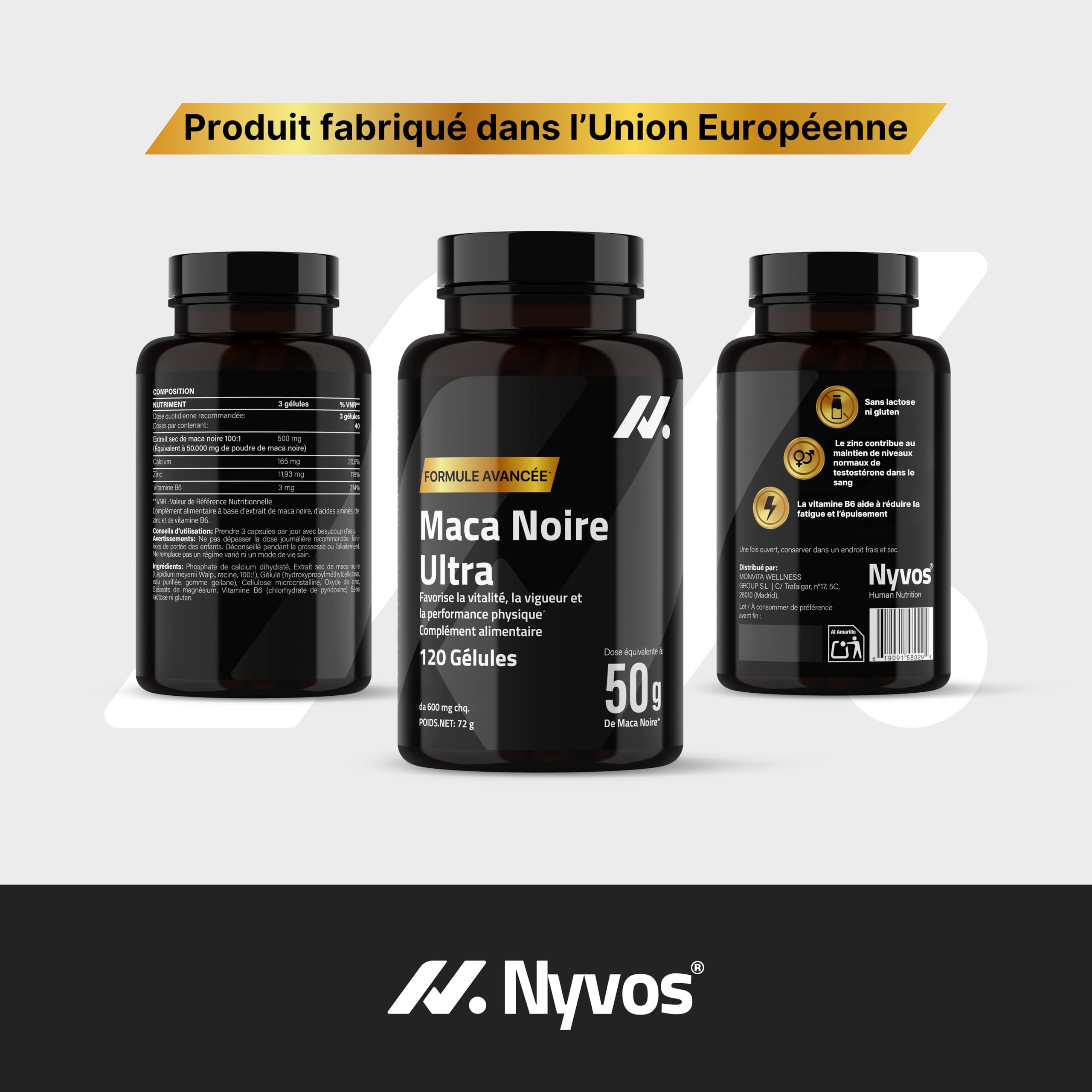Maca Noire Ultra 50.000 mg – Ultra Concentré 100:1 avec Zinc, Vitamine B6 & Calcium – 120 Gélules Véganes pour Énergie Nocturne, Vitalité Masculine & Testostérone Naturelle – Produit Européen – Nyvos