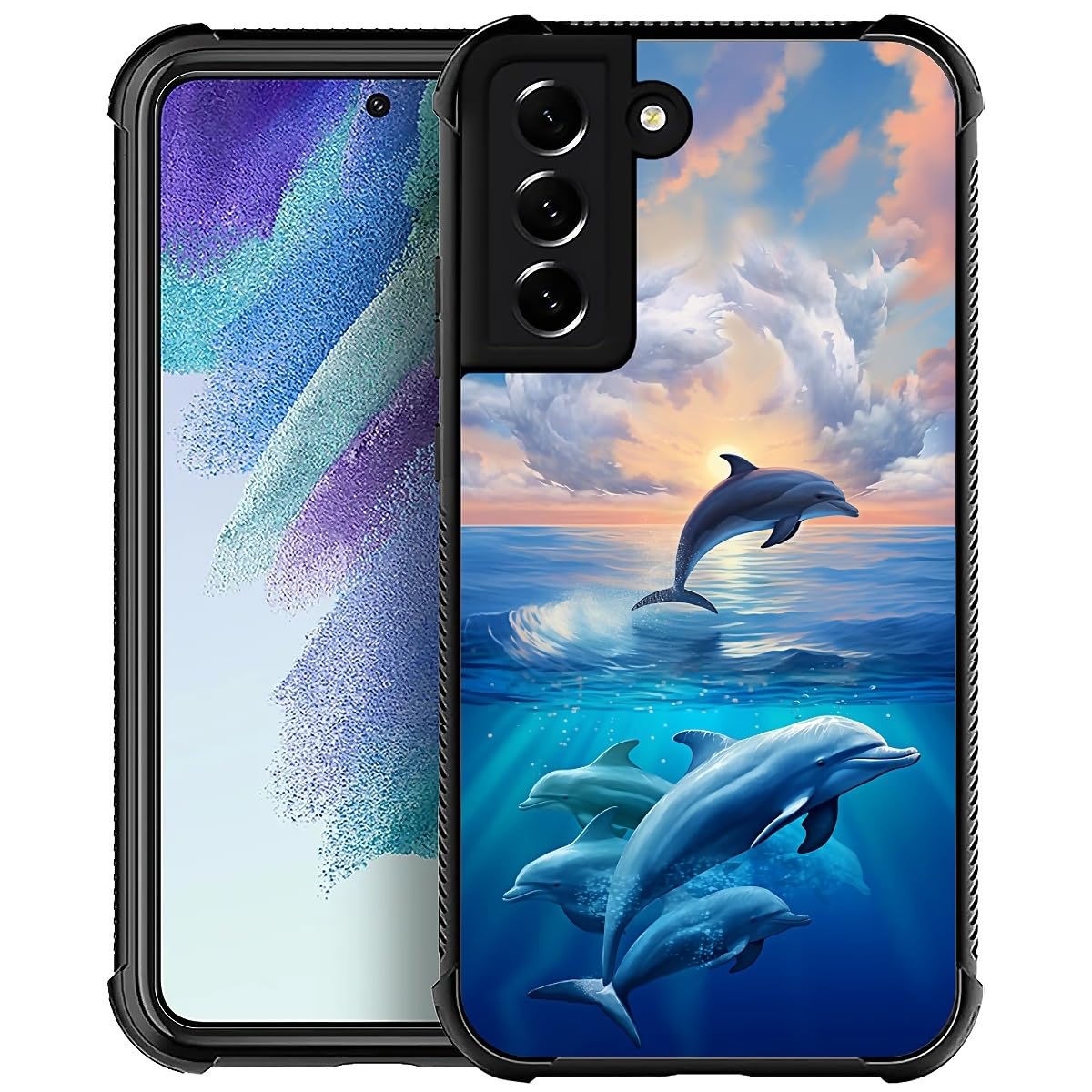 FKBRCL4U for Samsung Galaxy S21 FE Case, Sunset Dolphin Ocean Pattern Graphic Design Girl Boy Soft Silicone Hard Acrylic Shock Protection for Samsung