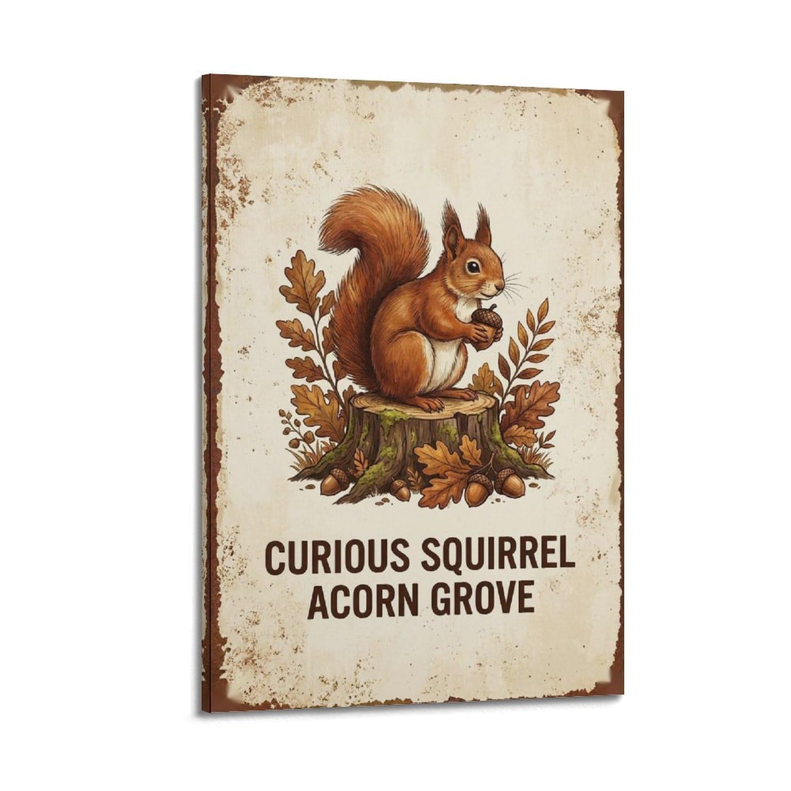 OKAHYS Squirrel Woodland Poster Acorn Grove Retro Vintage Modern Decorative Canvas Prints - Ideal Wall Art for Family, Man Cave, Game Room, Boys & Girls Bedroom 20x30inch