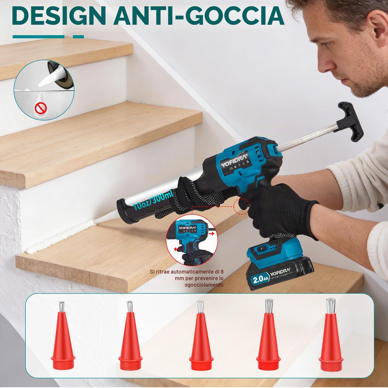 Yofidra Pistola Silicone Elettrica, Forza 600kg, 6 Velocità, Luce LED | Pistola Cartuccia a Batteria, 2x2.0Ah Batterie, 13 Accessori inclusi, per Cartucce da 300 ml, Ideale per Casa e Bricolage