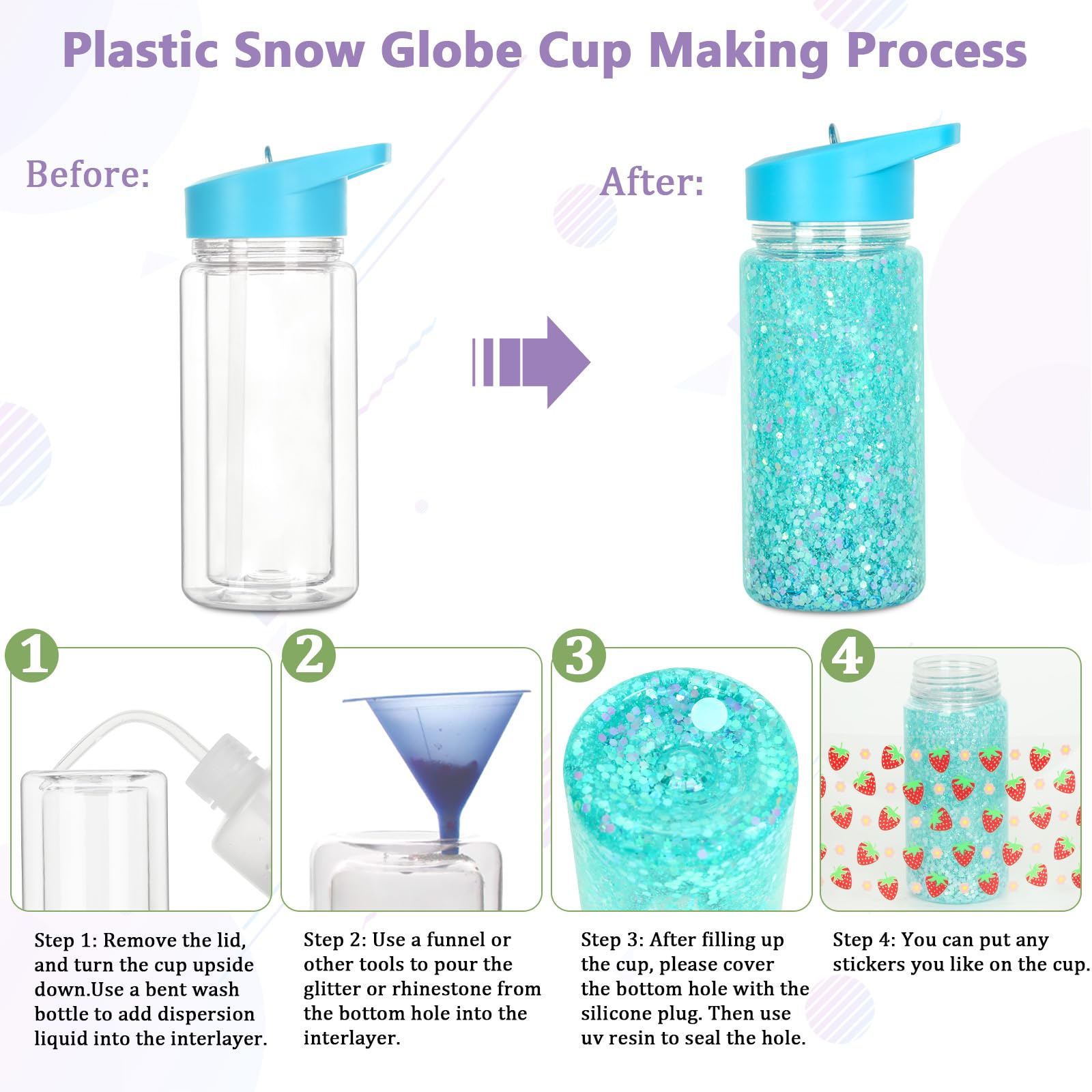 Confezione da 10 bicchieri in plastica da 295 ml, con foro e spina preforati, a prova di perdite, a doppia parete, con manico portatile, per regali fai da te glitterati