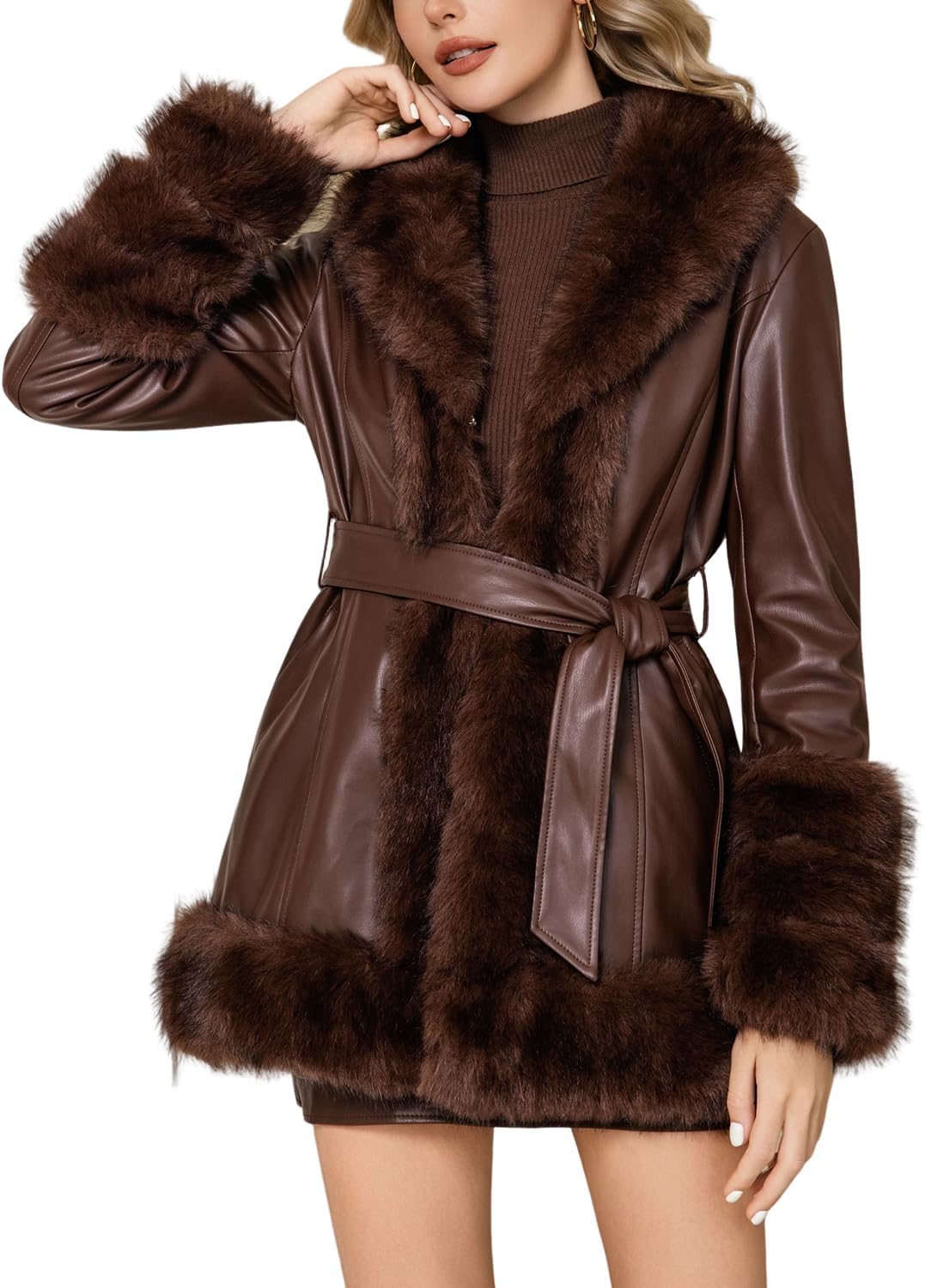 DIASHINY Women Faux Fur Leather Jacket Fur Lined Winter Warm Parka Fur Coat With Belt
