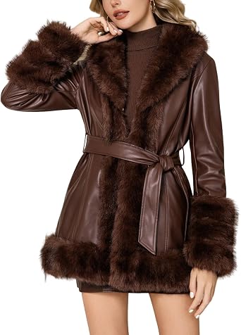 DIASHINY Women Faux Fur Leather Jacket Fur Lined Parka Belted Overcoat | thick fox faux fur trim,faux leather shell,adjustable waist belt,fluffy fur collar cuffs,long sleeves,vintage winter parka