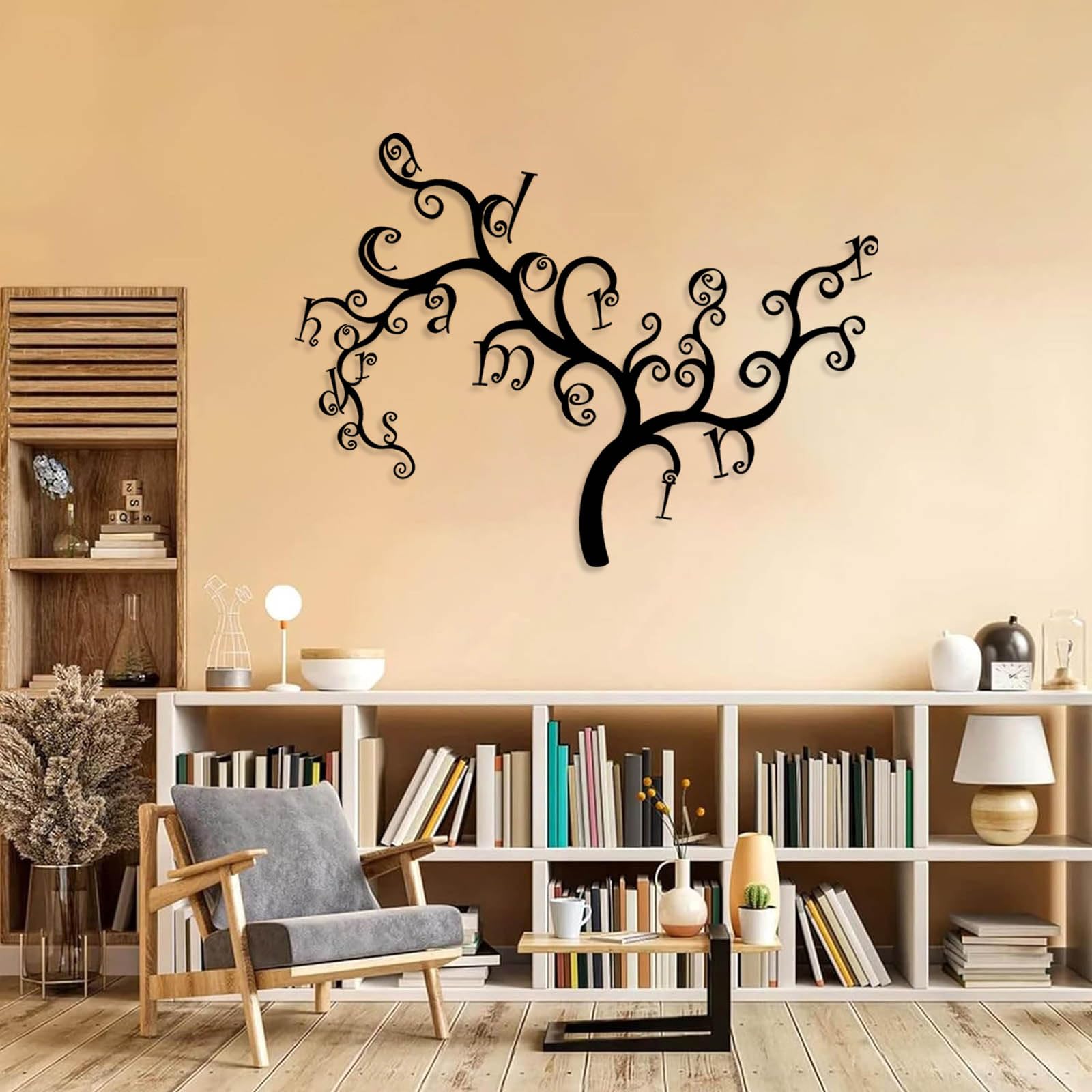 Großes abstraktes Wandbild aus Metall, Lebensbaum-Monogramm-Schild, Buchstabendekoration, Familienkunst, modernes Naturmotiv zum Aufhängen, Wanddekoration für das Wohnzimmer (Silbe