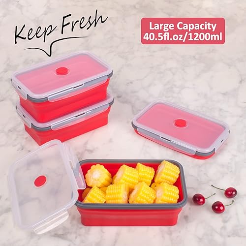 Miniatura 2 de Contenedores plegables de almacenamiento de alimentos con tapa hermética y ventilación de aire, 40.5 oz, juego de contenedores de silicona apilables