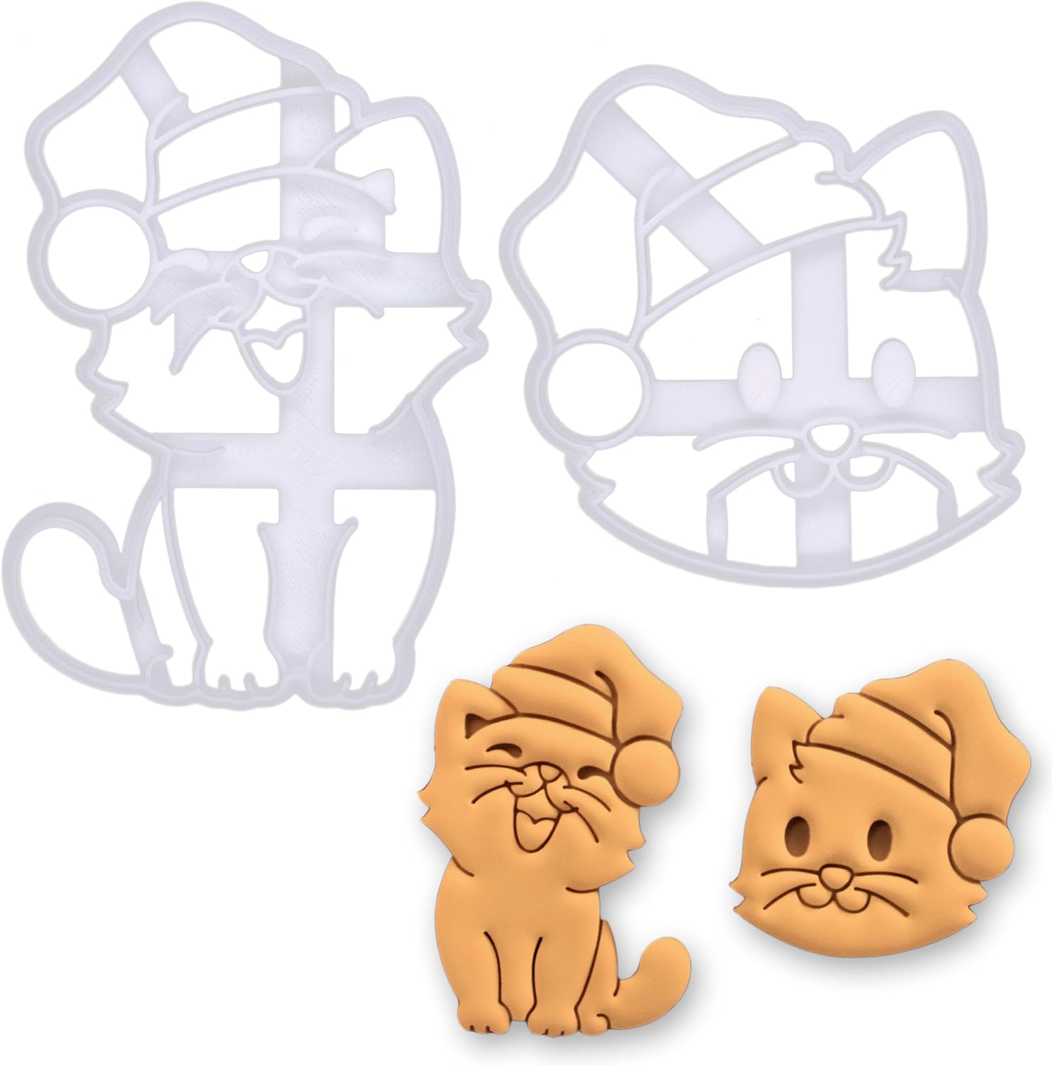 BAKERLOGY Set of 2 Christmas Cat with Santa Hat Cookie Cutters – Cute Cat Face & Full-Body Cookie Molds for Holiday Baking