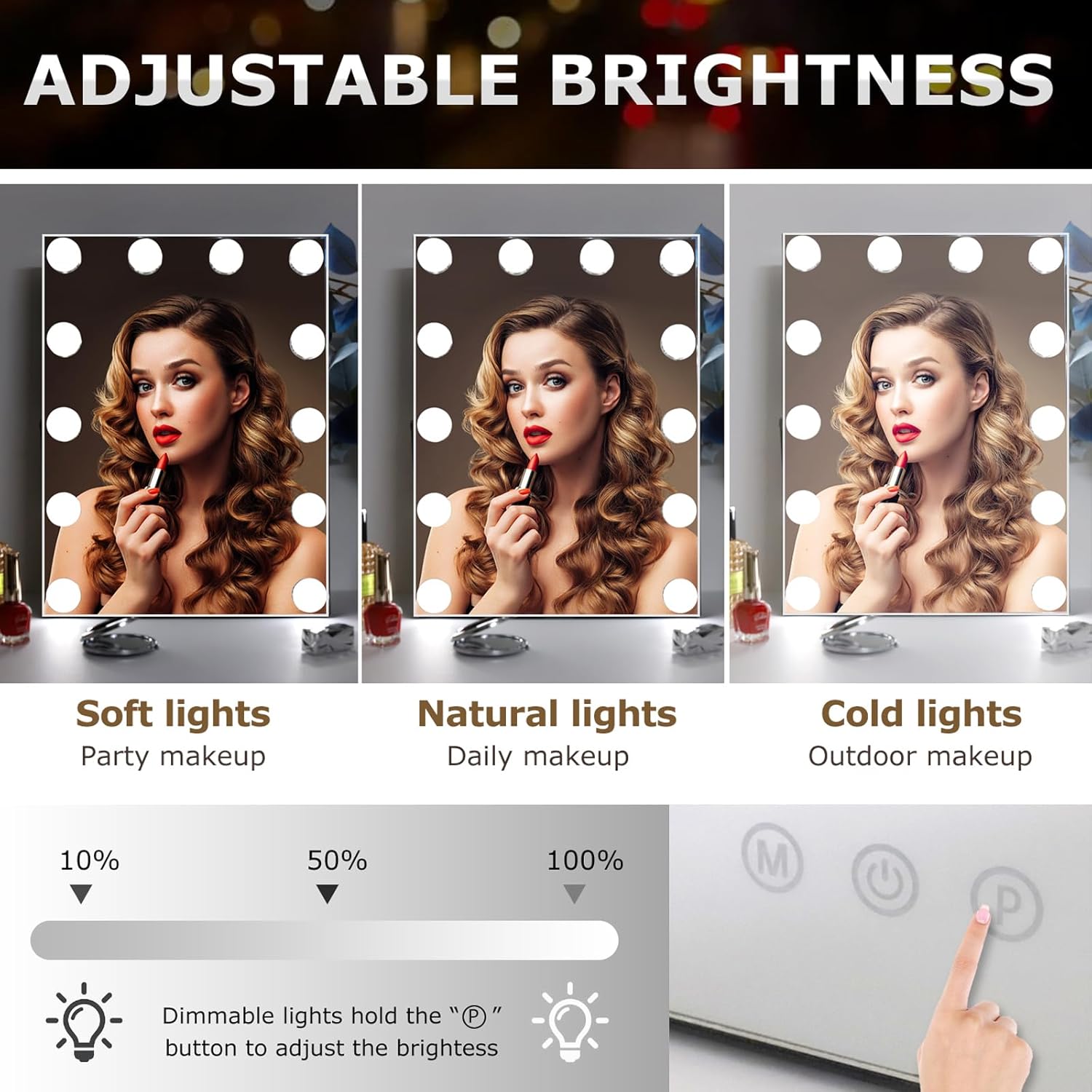 10" x 12" Vanity Mirror with Lights,Portable Travel Mirror with 12 LED Lights Bulbs,Lighted Makeup Mirror with 3 Color Lighting Modes,Mirror with Lights for Makeup Desk ＆ Dressing Room,White