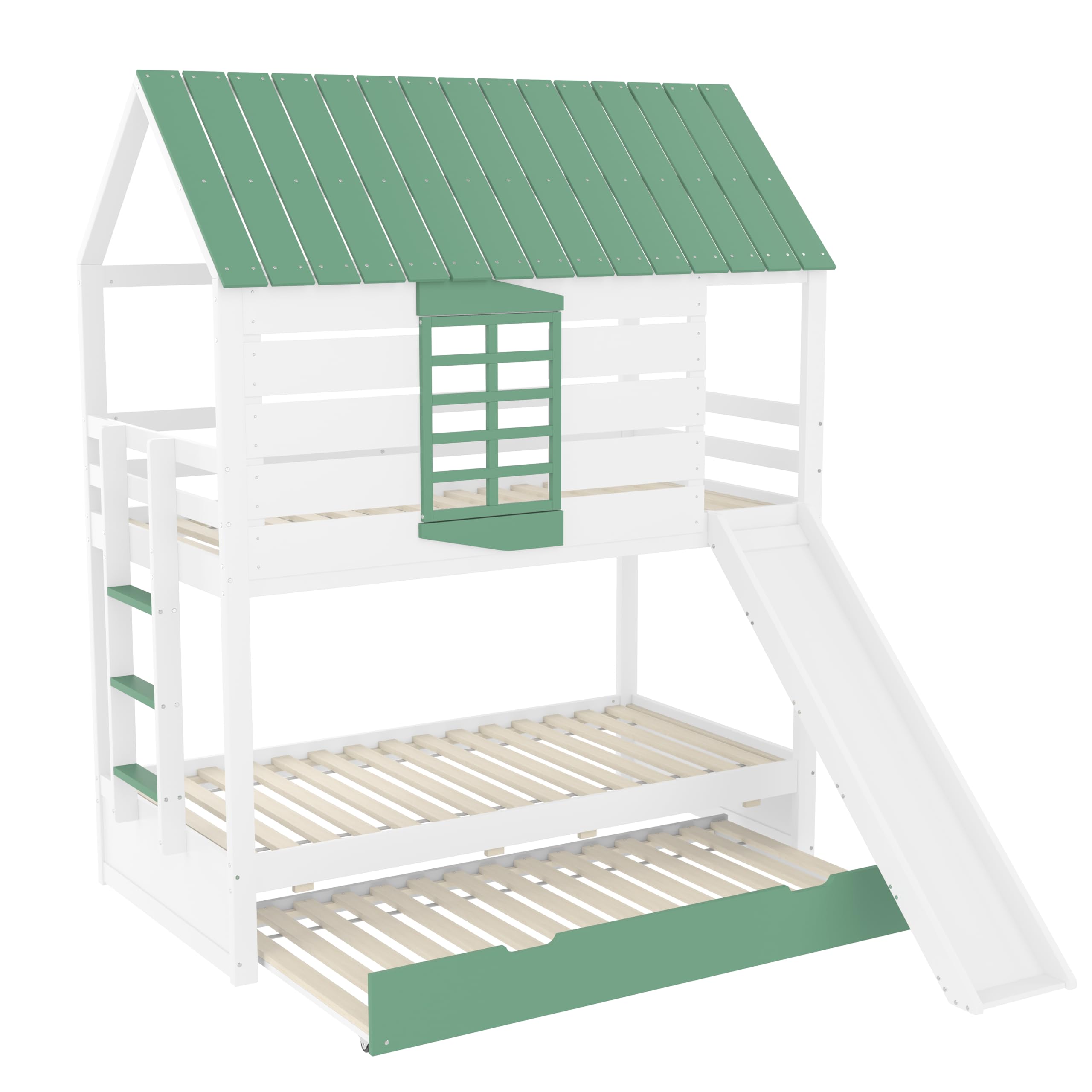 Moimhear Lettino a soppalco, con tetto di casa, con finestre, culla in legno, letto a castello con scivolo, pino+MDF, bianco+verde (90 x 200 x 2 + 90 x 190 cm, con letto estraibile)