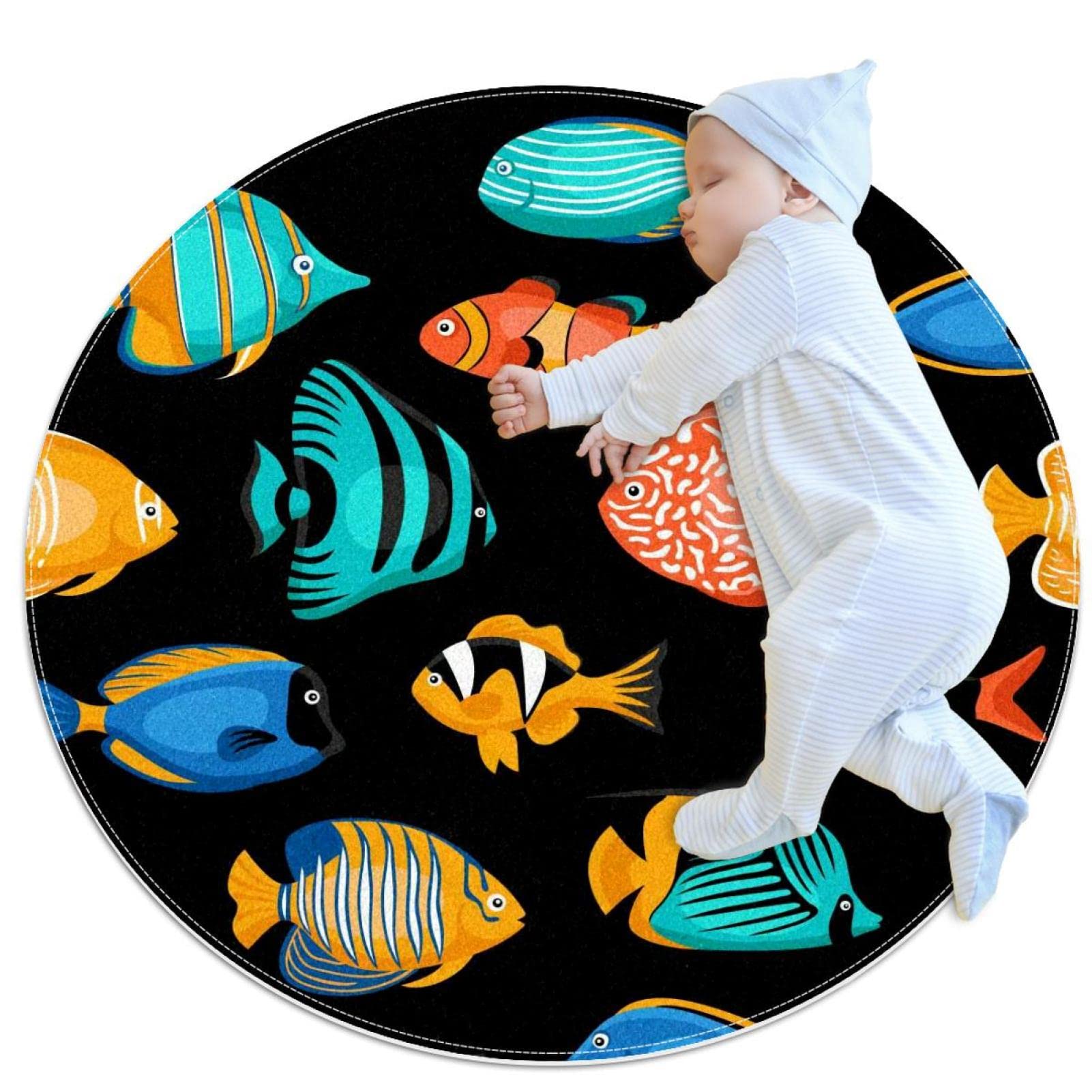 Tapis rond poissons tropicaux 100x100cm doux tapis de chambre enfant