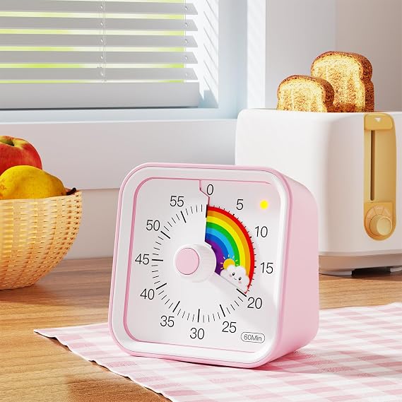 Visual Timer for Kids with Pause Function, Cute Silent Timer with Rainbow for Classroom, Teaching, Task, 60 Minute Countdown Time Management for ADHD (Rainbow Pink)