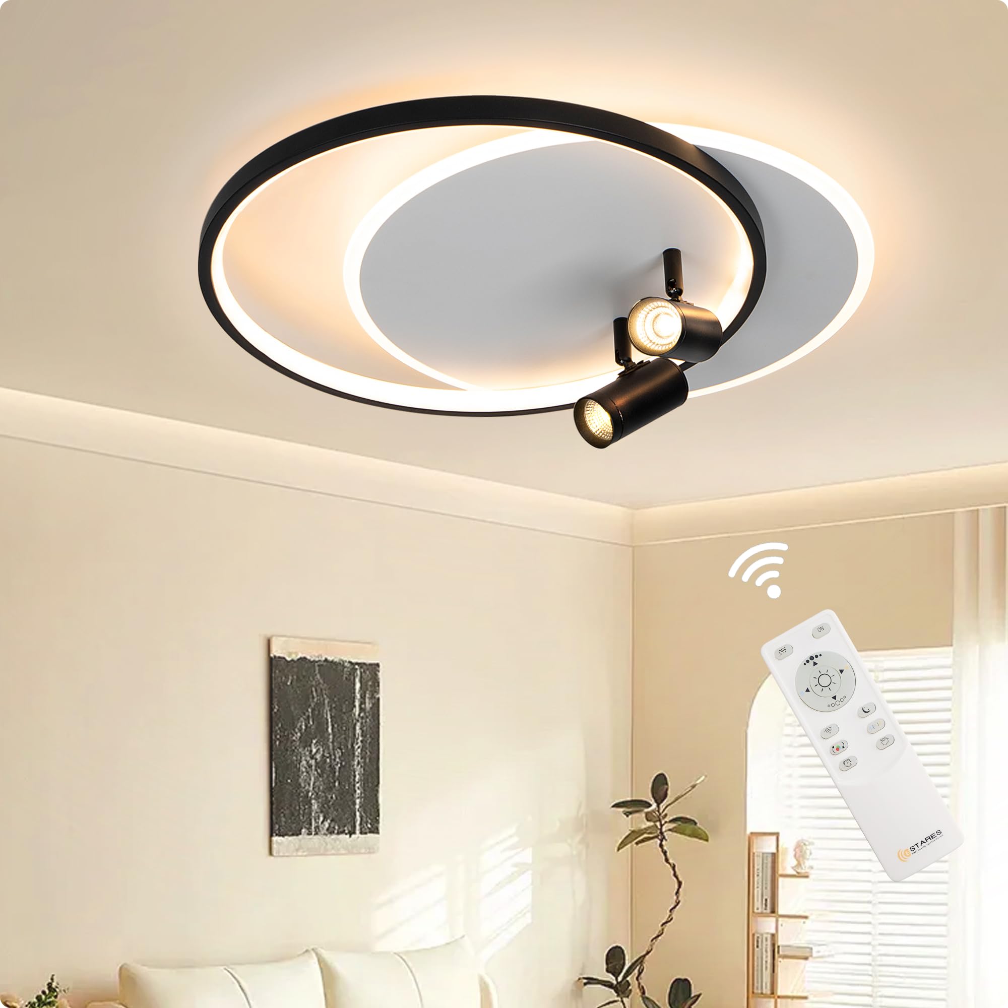 FANLG lampara techo regulable 3000K-6000K,45W Moderno Plafón de Techo con 2 Focos Orientable 330°,lampara techo salon plafon led techo salón dormitorio cocina 50 * 40 * 12cm