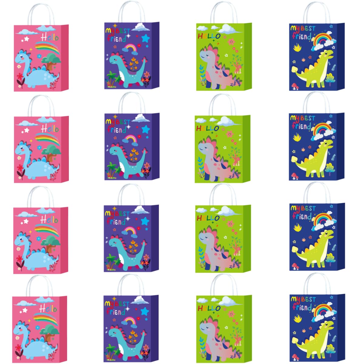 16 Packs Dino Party Paper Bags with Handles, 22x16x8 cm Dinosaur Gift Bags with Twist Handles for Kids or Adults in Birthday party, Jungle Party, Events or Shopping (dino)