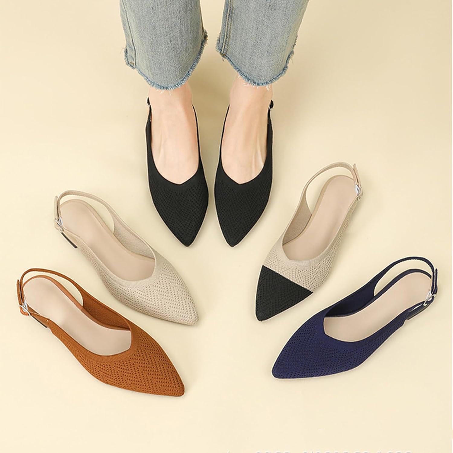 Women'S Knit Slingback Flats Elegant Pointed Toe Adjustable Buckle Toe Flat Ballerina Shoes Comfortable Light Commuting Walking Slip On Dressy Shoes - Image 7