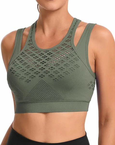 RUNNING GIRL Sports Bras for Women High Support,Seamless Ribbed Longline High Neck Sports Bra Racerback Padded Crop Top Yoga Small A-dark Green