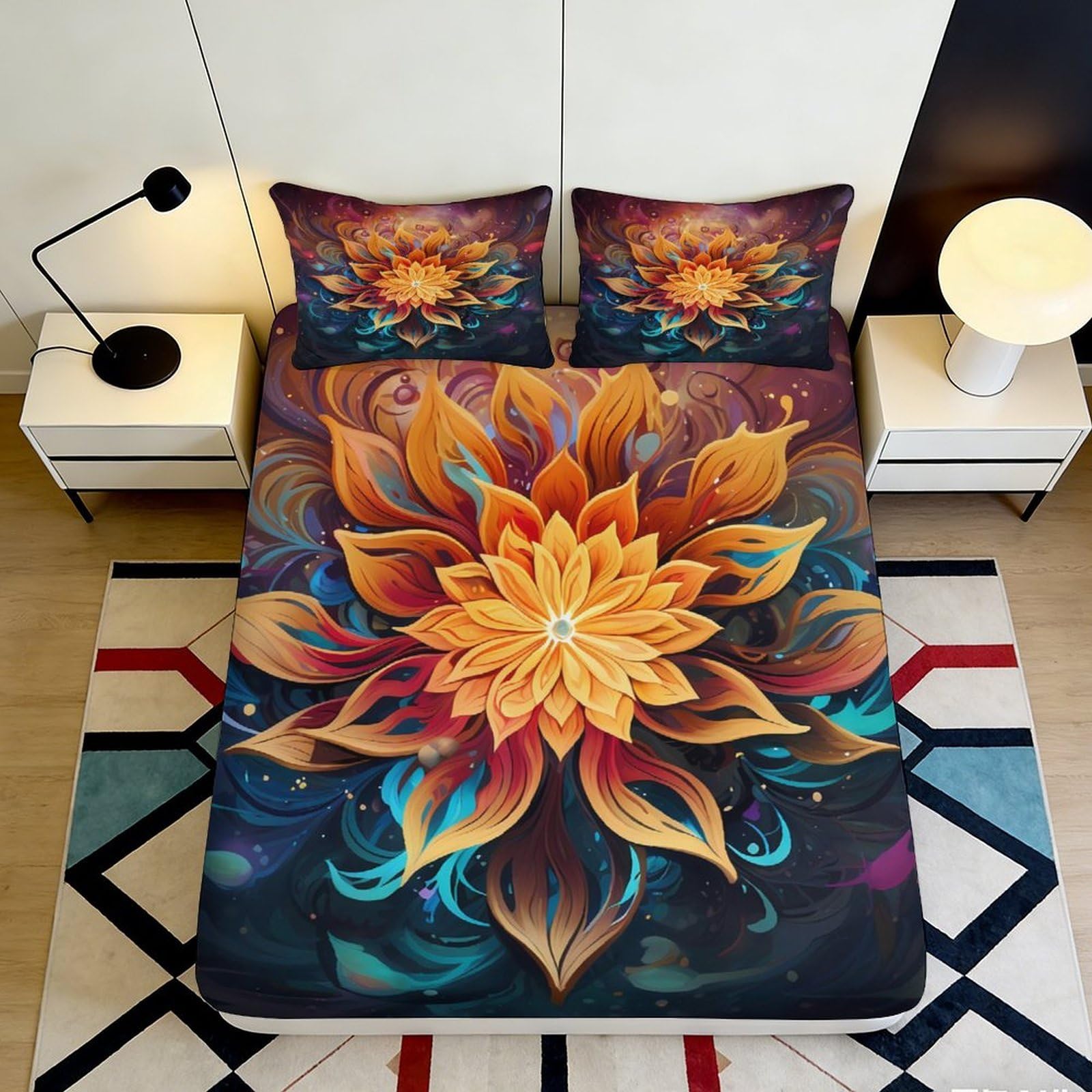 Pnayamiorkfel Style-5 3D Printed Floral Sunburst Fitted Sheet Microfiber Soft Bedroom Decor Abstract Blossom Mattress Cover 90X200x25cm