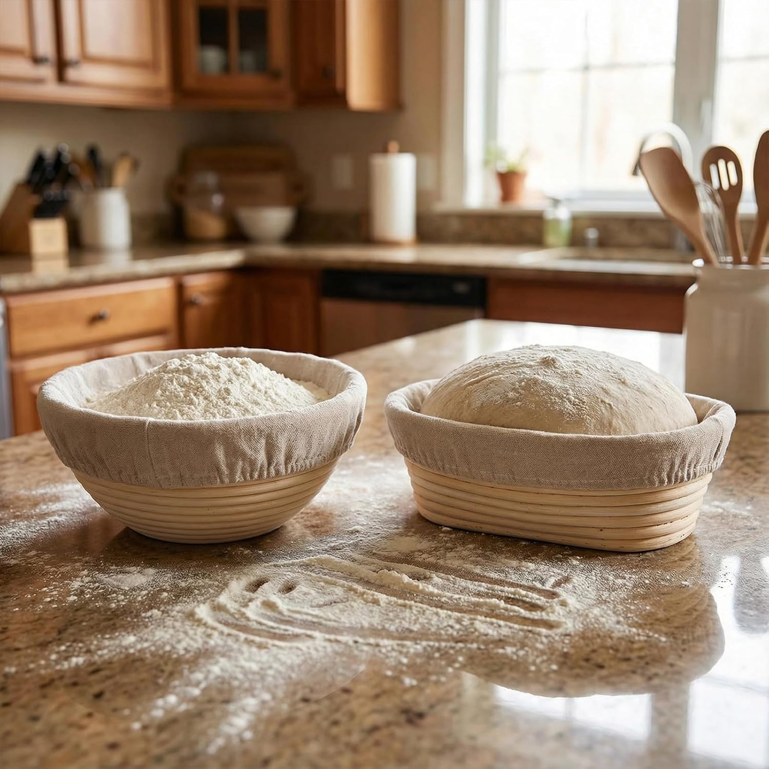 8 Pcs Banneton Bread Proofing Basket Set, 5'' 7'' Round & 6.7'' 8.3 '' Oval Cane Sourdough Baskets with Linen Liners for Professional & Home Sourdough Bread Baking