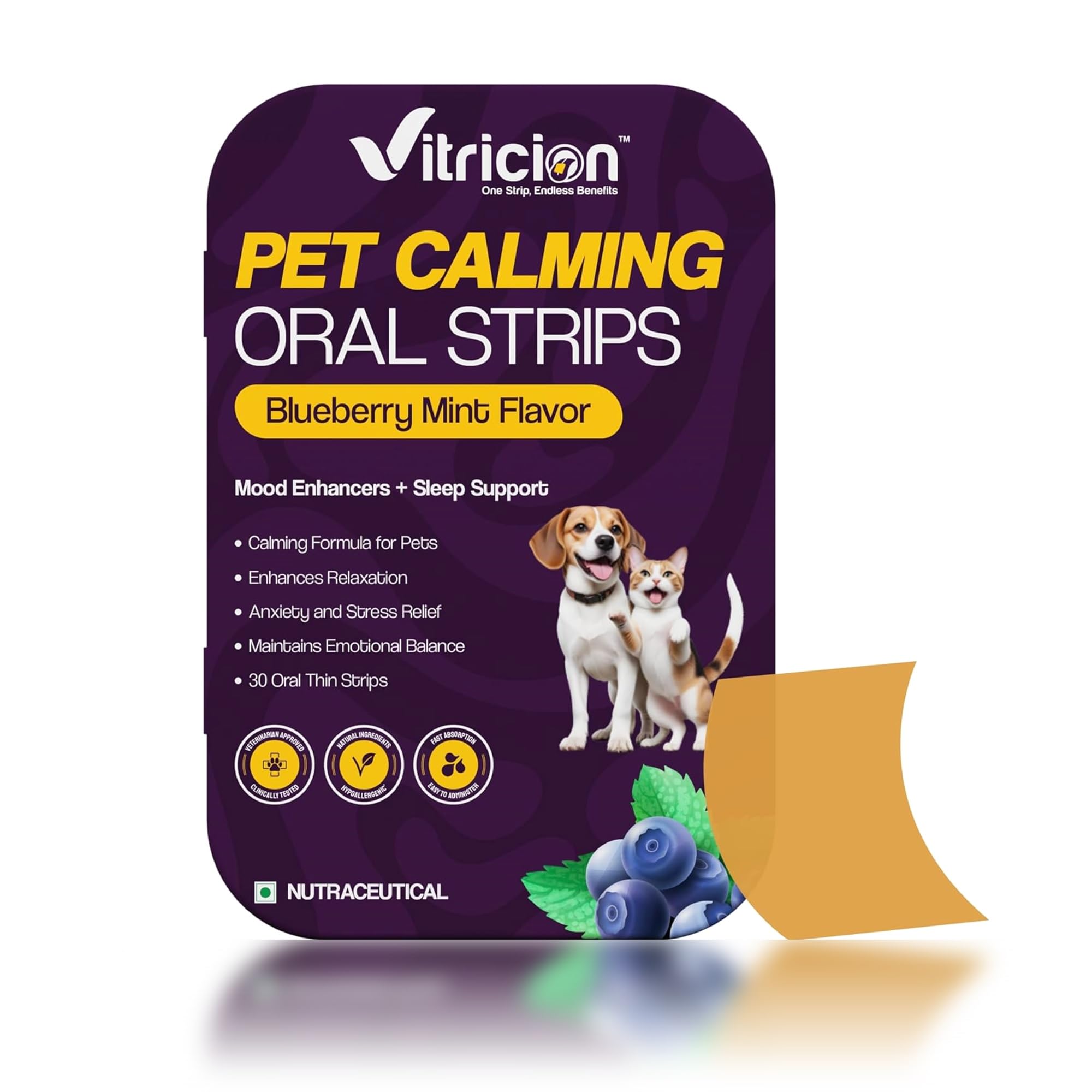 Vitricion Pet Calming Oral Thin Strips with L-Theanine, Tryptophan, Chamomile and Melatonin for Dogs and Cats | 30 Strips | Enhances Relaxation, Anxiety and Stress Relief, Non-Drowsy