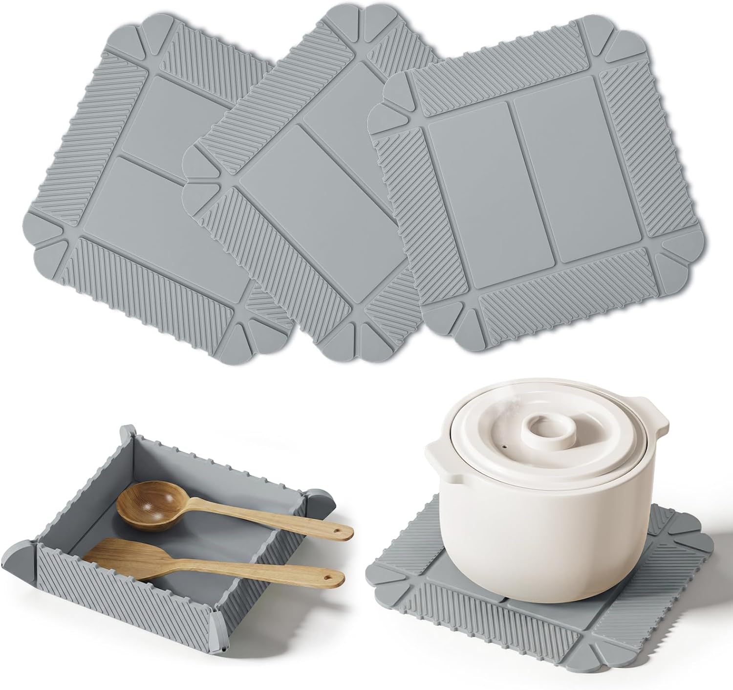 3 Pcs Magnetic Silicone Trivet, Multifunctional Hot Pot Pads & Foldable Storage Tray, Heat Resistant & Non-Slip Kitchen Trivet for Countertop Table Protection (Gray)