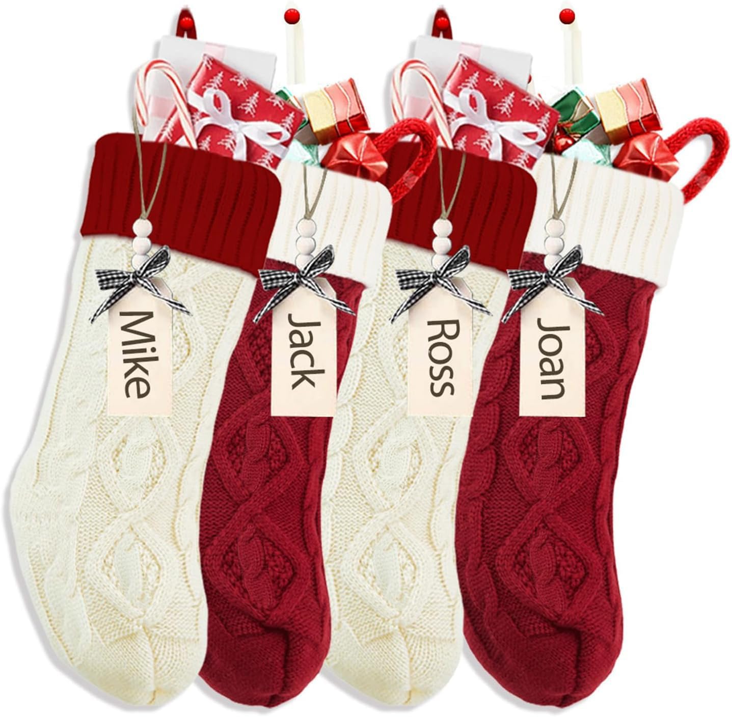 18 Inches Personalized Christmas Stockings: 4 Pack Ivory Red Green Khaki Knit Christmas Stockings Set with Name Tags Christmas Decor Neutral Xmas Decorations Holiday Farmhouse Indoor Home Decor