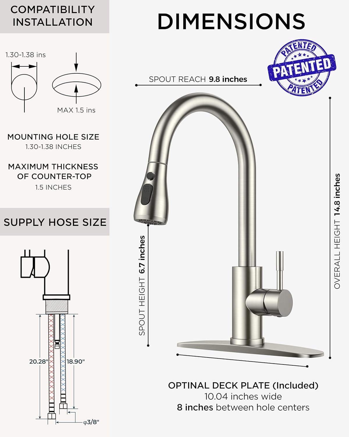 FORIOUS Kitchen Faucets with Pull Down Sprayer, Brushed Nickel High Arc Single Handle Stainless Steel Bar Sink Faucet with Deck Plate for 1 or 3 Hole, Suitable for Farmhouse RV Camper Laundry