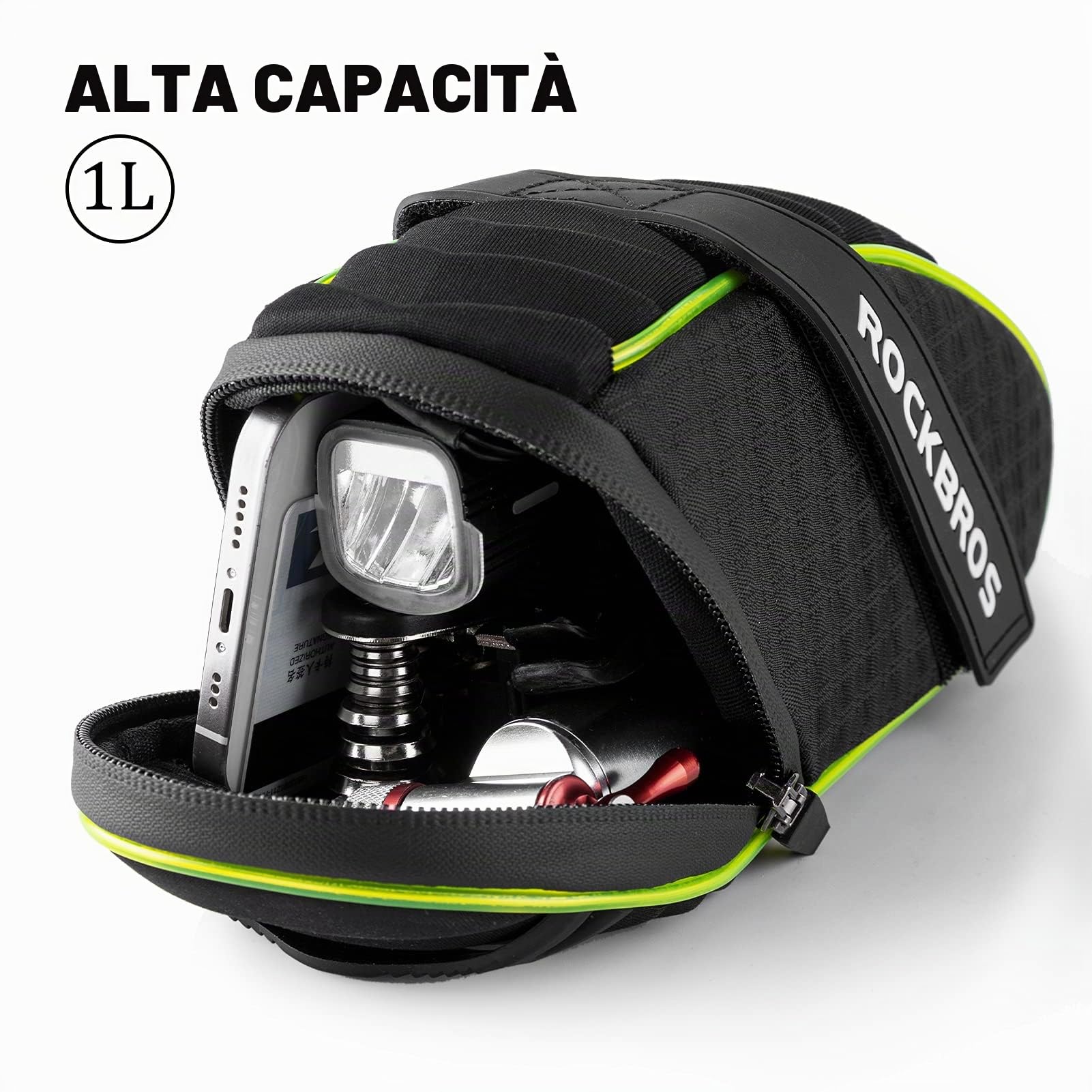 ROCKBROS Borsa da Sella Bici, Borsa Sottosella per MTB Bicicletta, Design Originale con Luci Fluorescenti, Grande Capacità 1L, Accessori Bici