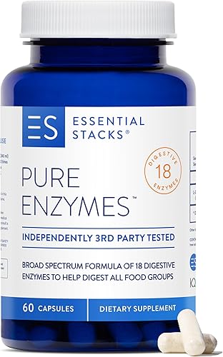 Essential Stacks Enzimas digestivas puras (sin gluten, lácteos y soja) – 18 enzimas para la digestión incluyendo amilasa, lipasa y lactasa –