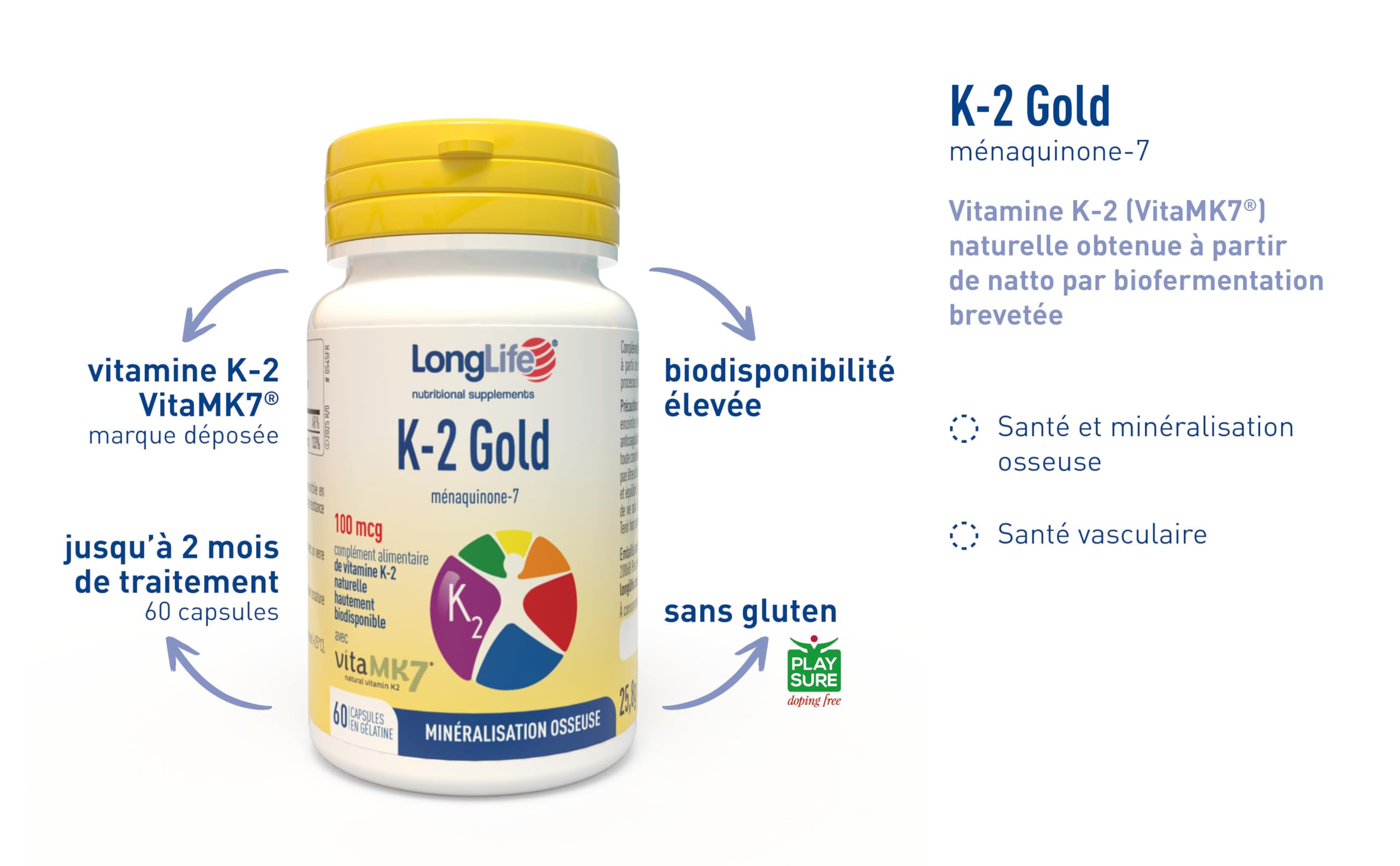 LongLife® K‑2 Gold  | Ménaquinone issue du natto | MenaQ7 | Vitamine K-2 en huile d’olive extravierge haute biodisponibilité | Os et circulation  | Jusqu’à 2 mois  | Vegan et sans gluten