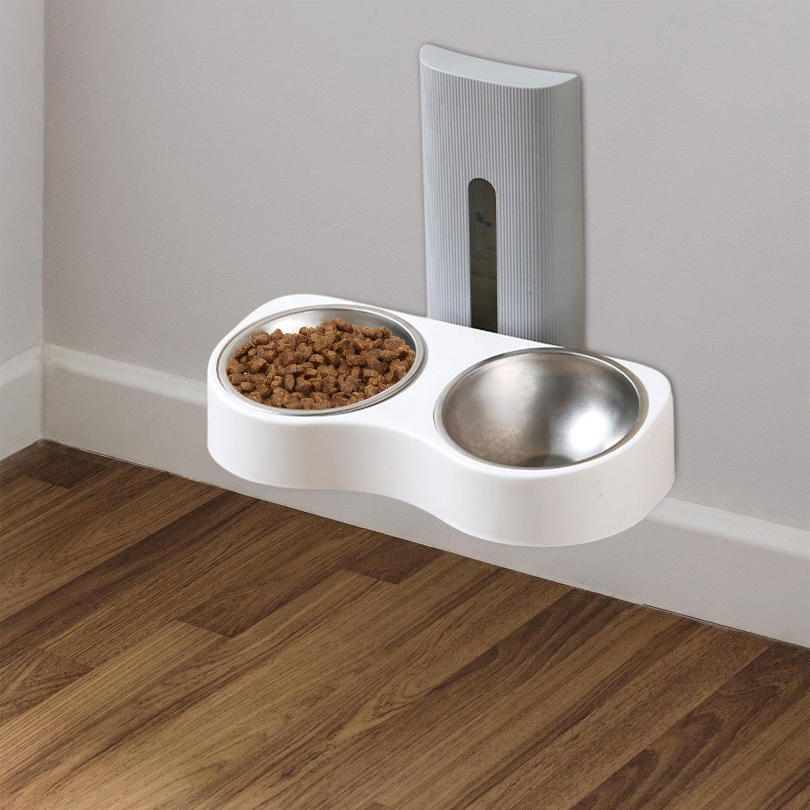 Comedero Doble para Mascotas Extraíble Ajustable Diseño Compacto Resistente Al Desgaste Instalación en Pared Fácil Limpieza Adecuado para APA, Gris Y Blanco