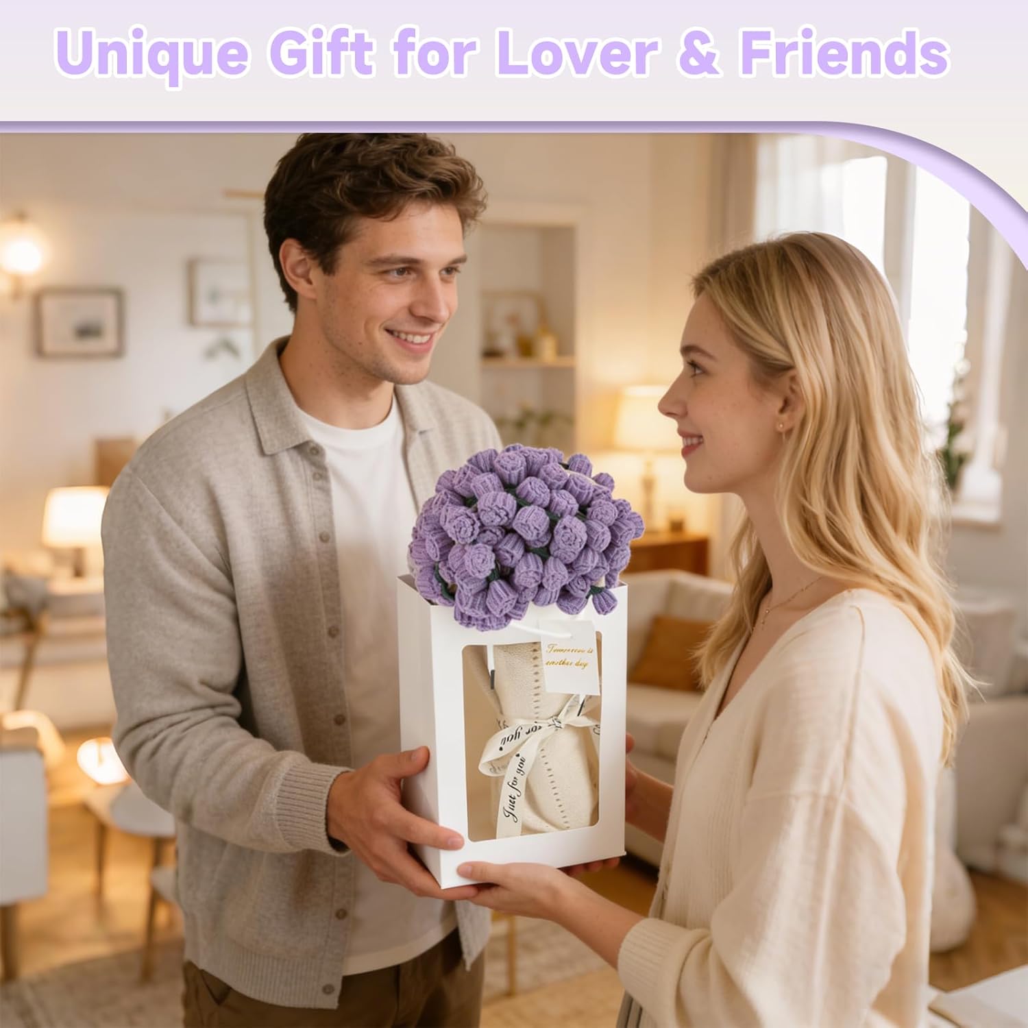 63 Inch Crochet Flower Bouquet Blanket, Handmade Knitted Blanket with 99 Rose Flowers, Ideal Gift for Mother's Day Birthday Wedding Anniversary for Women Mom, Wife, Girlfriend (Purple Rose)